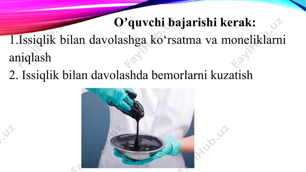 solingan bo’ladi. kyuvetdagi 50—54°c li parafinni kleyonka bilan kyuvetdan chiqarib olinib, bemor tanasiga qo’yiladi va ko’rpa bilan yopiladi. 5.qaysi usul bilan parafinni bemorga qo’llashdan qat’iy nazar, uning teriga yopishadigan qavati terini kuydirmasligi uchun harorat 50-55 °c bo’lishi kerak. 6.bu esa issiqlikning uzoq vaqt ta'sir qilishi va to’qimalarning bir me'yorda qizib, muolajani 30—60 minut davom ettirish imkonini beradi. 7.parafin applikatsiyalarini har kuni yoki kunora mumkin. davo kursi 15—20 muolajadan iborat. 8.ayollar jinsiy a'zolari kasalliklarini davolashda parafin qin tarnponi shaklida qo’llaniladi. buni odatda, qorinning quyi qismi va dumg’aza sohasiga parafin kulchalar qo’yish bilan birga o’tkaziladi. 9.tampon bilan davolashda parafin harorati dastlab 52—53 °c bo’lib, har 1—2 seansdan keyin 1—2 °c ga oshirib boriladi va 57—58 °c gacha yetkaziladi. muolaja 1 soat davom etadi. 10.muolajadan keyin parafinni elakka solib, kuchli suv oqimida yuvish va quritish lozim. bunday parafmni ishlatishdan oldin 110—120 °c haroratda 10 minut sterillab, keyin kerakli haroratgacha sovitish zarur. 11.parafmni qayta …