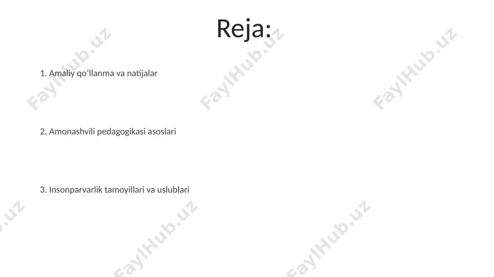 qilgan bo‘lib, o‘quvchilarning o‘z-o‘zini boshqarish va jamoaviy ishlash ko‘nikmalarini 2 baravar oshirishga qaratilgan. insonparvarlik tamoyillari amonashvili pedagogikasi samarqanddagi tajribalarda ko'rsatdiki, "insonparvarlik tamoyillari"ga asoslangan ta'lim 70% ga yaqin o'quvchilarning o'ziga ishonchini oshiradi va ularning ijodiy salohiyatini rivojlantiradi. amonashvili uslubining "insonparvarlik tamoyillari"da 5 yoshdan 10 yoshgacha bo'lgan bolalar uchun o'yinlar orqali ijtimoiy-emotsional rivojlanishga alohida e'tibor qaratiladi, bu esa toshkent kabi yirik shaharlarda ham qo'llanilishi mumkin. o'z-o'zini anglash va o'z-o'zini boshqarish amonashvili uslubida o'z-o'zini anglash, 5-7 yoshli bolalarda 3 bosqichda shakllanib, o'z-o'zini tarbiyalashga olib keladi, bu esa toshkentdagi tajriba maktablarida kuzatilgan. o'z-o'zini anglash va o'z-o'zini boshqarish jarayonlari individual yondashuvni talab qiladi va taxminan 20% bolalarda biroz kechroq namoyon bo'lishi mumkin, bu esa andijon viloyati tajribasida aniqlangan. zamonaviy ta'limda amonashvili pedagogikasi ahamiyati amonashvili uslubining qo'llanilishi, masalan, toshkentdagi 150 dan ortiq maktabda o'quv jarayonining samaradorligini 20% ga oshirishga yordam berdi, bu esa o'quvchilarning bilim darajasining yuksalishiga olib keldi. pedagogikaning bu yo'nalishi, o'quvchilarning shaxsiy xususiyatlarini hisobga …