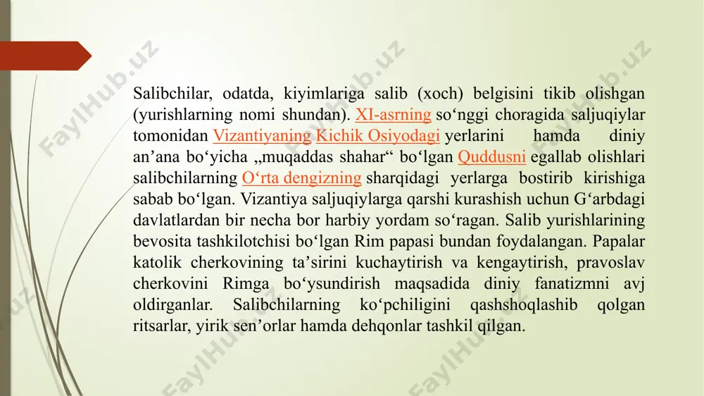 hinchi salib yurishini davom ettirishda qoldi, lekin quddusni zabt etish umidida 1192 yilda saladin bilan uch yilu uch oy davomida sulh tuzdi, unga ko'ra quddus sultonning tasarrufida qoldi va nasroniylar tirdan yaffagacha bo'lgan qirg'oq chizig'i, shuningdek muqaddas qabrga bepul tashrif buyurish huquqi ega bo’ldi. tarixdan ma'lumki, 4 ta salib yurishlari g'arbiy evropa tashqi siyosatining yo'nalishini o'zgartirdi. agar ilgari yagona maqsad "rabbiyning qabrini" zabt etish bo'lsa, endi hamma narsa keskin o'zgarib bormoqda. 4-salib yurishining haqiqiy maqsadlari rasmiy versiyaga umuman to'g'ri kelmadi. ammo bu haqda keyinroq gaplashamiz. keling, ushbu harbiy yurishning sabablarini ko'rib chiqaylik. asosan to'rtinchi salib yurishi dunyoviy hokimiyat intilishlari va oddiy askarlarning qasos olishga bo'lgan tashnaligini aks ettirgan. ular dastlabki uchta yurishning, xususan, ikkinchi yurishning mag'lubiyat sabablarini taroziga sola boshlaganlarida, ular kutilmagan xulosalarga kelishdi. ma’lum bo‘lishicha, asosiy muammo salibchilar qo‘mondonlari o‘rtasidagi janjal va yagona umumiy harakat rejasining yo‘qligi emas, balki vizantiya imperatorining xiyonati edi. bu xulosaning sababini biroz keyinroq muhokama …