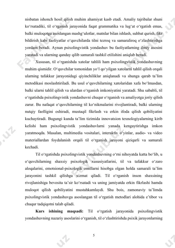 jarayoni va unda ishtirok etuvchi o‘quvchi (yoki til o‘rganayotgan shaxs)ning psixolingvistik faoliyati kurs ishining obyekti sifatida qaraladi. kurs ishining predmeti: psixolingvistik yondashuv asosida til o‘rgatishning nazariy va amaliy asoslari, hamda bu yondashuvning o‘quvchilarning til ko‘nikmalarini shakllantirishdagi uslubiy imkoniyatlari kurs ishining predmetini tashkil etadi. kurs ishining tuzilishi: kirish, 2 bob, 4 paragraf, xulosa va foydalanilgan adabiyotlar iborat. i bob. psixolingvistika va til o‘rgatish nazariy asoslari 1.1. psixolingvistika fanining mazmuni va rivojlanish bosqichlari psixolingvistika — til va tafakkur o‘rtasidagi munosabatlarni o‘rganadigan, tilni idrok etish, ishlab chiqarish va foydalanish jarayonlarini psixologik jihatdan tahlil qiluvchi ilmiy soha hisoblanadi. bu soha lingvistika va psixologiyaning integratsiyasidan kelib chiqadi va inson tilini qanday o‘rganishi, ishlab chiqarishi, anglash va ifodalash jarayonlaridagi psixologik mexanizmlarni aniqlashga intiladi. psixolingvistik tadqiqotlar til o‘rgatishda, nutq va fikr o‘rtasidagi bog‘liqlikni tushunishda, xatolarni tahlil qilishda va tilning rivojlanish bosqichlarini o‘rganishda muhim ahamiyatga ega. psixolingvistika fani o‘zining tarixi davomida bir nechta bosqichlarni o‘tkazdi, va bu bosqichlar …