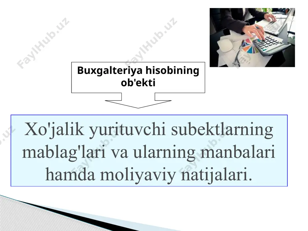 rish hamda umumlashtirish usulidir. shunday qilib, balans tuzilishiga xo‘jalik mablag‘lari va ularning tashkil topish manbalari hamda iqtisodiy mazmuni asos bo‘ladi. tuzilish vaqtiga ko‘ra kirish joriy tugatish bo’lish bir-lashtirish buxgalteriya balansining belgilari bo‘yicha tasniflanishi axborot hajmiga ko‘ra mulkchilik shakliga ko‘ra aks ettirish obyektiga ko‘ra tozalash usuliga ko’ra bir martalik balans; - yig‘ma balans. - davlat; - kooperativ; - o‘z balansi; - aralash; -qo‘shma korxona. - mustaqil; - alohida. - brutto-balans; - netto-balans. buxgalteriya balansi ikki qismdan aktiv qismi passiv qismi korxona mab’lag’larining tarkibi va joylashtirilishi aktivlarni tashkil etish manbalari, ya’ni o‘z mablag’lari manbalari va majburiyatlari buxgalteriya balansi aktiv summa passiv summa i. uzoq muddatli aktivlar i. o‘z mablag‘lari manbalalari bo’lim jami: bo’lim jami: ii. joriy aktivlar ii. majburyatlar 2. bo’lim jami: 2. bo’lim jami jami: jami: аktiv sаtr kоdi hisоbоt dаvri bоshigа hisоbоt dаvri охirigа passiv sаtr kоdi hisоbоt dаvri bоshigа hisоbоt dаvri охirigа i. uzоq muddаtli аktivlаr i o’z mаblаg’lаri …