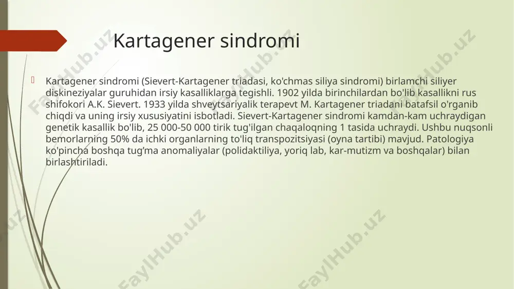 pulsi va apikal tonusi sternumning o'ng tomonidagi 5-chi interkostal bo'shliqda aniqlanadi. radiatsiya diagnostikasi. ko'krak qafasi rentgenogrammasida yurak soyasining o'ng tomonga joylashishi, o'pkaning oyna transpozitsiyasi kuzatiladi. burun sinuslarini tekshirganda, ko'pincha frontal sinuslarning rivojlanmaganligi aniqlanadi. ko'krak qafasining kompyuter tomografiyasi bronxoektazning lokalizatsiyasi va tarqalishini aniqlashga yordam beradi. funktsional tadqiqot usullari. ular qo'llab-quvvatlamoqda. ekgda dekstrokardiya aniqlanadi - asosiy tishlarning teskari yo'nalishi, kor pulmonale belgilari. spirometriya (5 yosh va undan katta yoshdagi bolalarda o'tkaziladi) tashqi nafas olish funktsiyasining, asosan, obstruktiv turdagi pasayishini aniqlaydi. biopsiya. material remissiya davrida, kuchayganidan keyin 4-6 haftadan oldin olinadi. burun shilliq qavati yoki bronxning biopsiyasi elektron va yorug'lik mikroskopiyasi yordamida tekshiriladi. siliyer apparati tuzilishidagi anomaliyalar aniqlanadi, siliya tebranishlarining chastotasi va sinxronligi tahlil qilinadi. tashxisni genetik jihatdan tasdiqlash mumkin. davolash davoalshda 1.antibakterial prepartlar 2.kortikosteroidlar va bronxilitiklar 3.mukolitikar berish samara beradi. etiboringiz uchun rahmat! image1.png image2.jpeg image3.png image4.jpeg image5.jpeg wikimedia error error our servers are currently under maintenance or experiencing a technical problem. …
