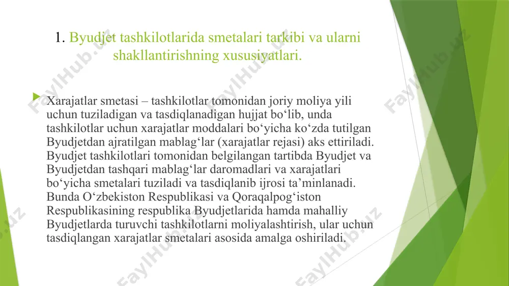 tipendiyalar miqdori va stipendiya ta’minoti tartibidan kelib chiqqan holda hisoblanadi; • mehnatga haq to‘lash jamg‘armasidan yagona ijtimoiy to‘lovni to‘lash xarajatlari xarajatlar smetasiga o‘zbekiston respublikasi prezidentining qarorlariga muvofiq belgilangan stavkalarda, qonunchilikka muvofiq yagona ijtimoiy to‘lov to‘lanadigan barcha to‘lov summalaridan kelib chiqqan holda kiritiladi; • ish beruvchining fuqarolik javobgarligini majburiy sug‘urta qilish bo‘yicha sug‘urta mukofotini to‘lash xarajatlari xarajatlar smetasiga qonunchilikda belgilangan tartibda ish beruvchining barcha xodimlarining o‘tgan yilgi ish haqining haqiqiy xarajatlaridan kelib chiqqan holda kiritiladi; • xo‘jalik xarajatlari, jumladan, kommunal xizmatlar uchun xarajatlar limitlar doirasida kommunal xizmatlar uchun baho va tariflarni hisobga olgan holda hisoblanadi; • telefon va boshqa telekommunikatsiya xizmatlari xarajatlari abonent raqamlari soni va xizmatlar uchun tasdiqlangan tariflaridan kelib chiqib hisoblanadi. bunda, limitdan oshiq foydalanilgan shaharlararo (davlatlararo) so‘zlashuvlar uchun aloqa xizmatlari, internet bo‘yicha xizmatlar va boshqa aloqa xizmatlari xarajatlari byudjet tashkilotlarining xarajatlar smetasida tegishli moliya organlari bilan kelishilgan holda o‘zlarining faoliyat hususiyatlaridan va ushbu xizmatlarga bo‘lgan talabdan kelib chiqib …