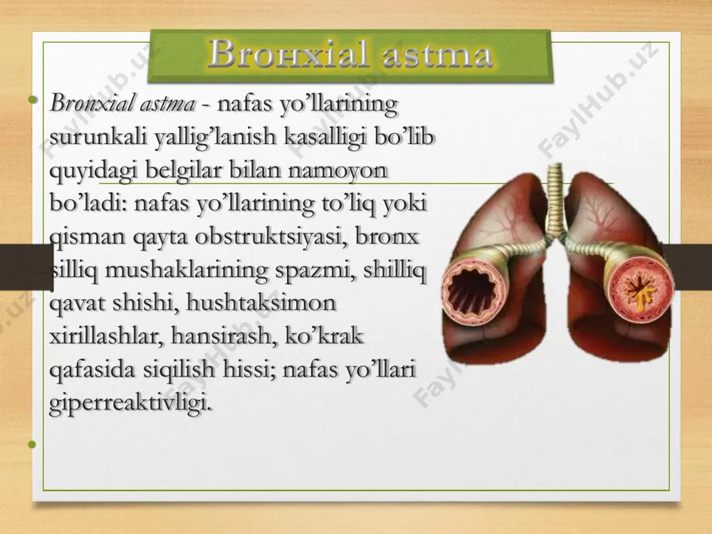 bog’liq. bronxial astma davrlari • xuruj oldi • xuruj • xurujdan keyingi • xurjlar oralig'i -ovoz boylamlari disfunktsiyasi (psevdoastma) -bronxiolit -ko’krak yoshdagi bolalarda yot jism yoki sut bilan aspiratsiya -mukovistsidoz -birlamchi immunotanqisliklar -birlamchi tseliar diskineziya sindromi -traxeobronxomalyatsiya -tomirlar rivojlanish nuqsonlari, nafas yo’llarini tashqi tomondan bosilishi -nafas yo’llarini gemangioma yoki boshqa o’smalari, granulyoma yoki kistasi, stenozi yoki torayishi, -obliterlanuvchi bronxiolit -o’pkaning interstitsial kasalligi -yurak dimlanish nuqsonlari -sil -bronx-o’pka displaziyasi -bo’lakcha emfizemasi ba ni davolashdan maqsad kasallikni nazorat qilishga erishish va uni ushlab turish. bolalarda bani davolash quyidagilarga qaratilgan: hayot uchun xavfli bo’lgan holatlarni va o’limning oldini olish; klinik belgilarni bartaraf qilish yoki kamaytirish; tashqi nafas funktsiyasi ko’rsatkichlarini normallashtirish yoki yaxshilash; bolaning aktivligini tiklash, jismoniy yuklamalarga chidamlilikni oshirish; bronxolitik preparatlarga muhtojlikni kamaytirish; davoning nojo’ya ta’sirining oldini olish; nogironlikning oldini olish. bronxial astmaning kompleks davosi quyidagi komponentlarni o’z ichiga oladi: - kasal bolalarni va ularning ota-onalarini quyidagilarga o’rgatish: davoning maqsadini bilish, o’zini nazorat …