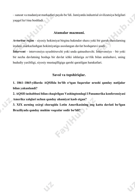 ea fuqarolar urushining qaytadan avj olishiga sabab bo‘ldi. 1916-yili aqsh hukumati chegaradagi tushunmovchilikni bahona qilib meksikaga qo‘shin kiritdi. tashqi xavf oldida barcha inqilobiy kuchlar birlashdi, hukumatning meksika hududidagi chet elliklar, avvalo amerikaliklar mulkiga nisbatan munosabati keskinlashdi. interventlar bilan kurash qariyb bir yilga cho‘zildi va 1917-yil fevralda aqsh qo‘shinlarining meksikadan olib chiqilishi bilan yakunlandi. inqilob g‘alaba qozondi. madaniyat. mintaqa mamlakatlarida mahalliy hindular va afrikaliklar avlodlarining toʻliq mifologik tasavvurlariga asoslangan madaniy qarashlari bilan yevropaliklarning ratsionalistik madaniyati aralashib, oʻziga xos lotin amerikasi madaniyatini shakllantirdi. xx asr boshlarida adabiyotda sezar valyexo, gabrila mistral, tasviriy sanʼatda diyego rivera, xose orosko, david sikeyros kabi ijodkorlar faoliyat yuritdi. xulosa qiladigan boʻlsak, xx asr boshlariga kelib lotin amerikasida mustamlakachilik davrida yaratilgan xoʻjalik asta-sekin kapitalistik xoʻjalikka aylanib bordi. yirik shaharlar – sanoat va madaniyat markazlari paydo boʻldi. jamiyatda industrial sivilizatsiya belgilari yaqqol koʻrina boshladi. atamalar mazmuni. avtoritar rejim – siyosiy hokimiyat birgina hukmdor shaxs yoki bir guruh shaxslarning irodasi, …