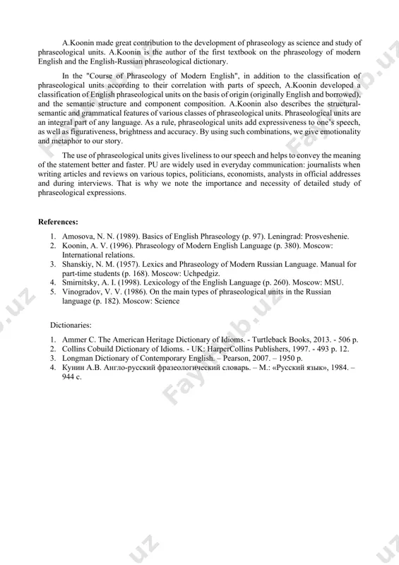 n confusion or in disagreement; to set one’s cap at somebody – to try to attract somebody. – phraseological fusions are completely non-motivated expressions characterized by the complete stability of the lexical components and grammatical structure. [vinogradov, 1986] a.smirnitskiy in his classification distinguishes phraseological units and idioms. phraseological units are stylistically neutral combinations deprived of metaphoricity. it is necessary to mark that the term ‘phraseological unit’ stated by smirnitskiy differs from generally accepted understanding. smirnitskiy classifies the following units e.g. get up, fall in love, etc. as phraseological units. idioms are based on a metaphor which the speaker clearly understands. specific features of such idioms are remoteness from common neutral style, and a bright stylistic color, for example: take the bull by the horns, dead as a doornail [smirnitsky, 1998]. contextual approach was put forward by amosova. she divided them into three groups: 1) phraseological units as units of a …
