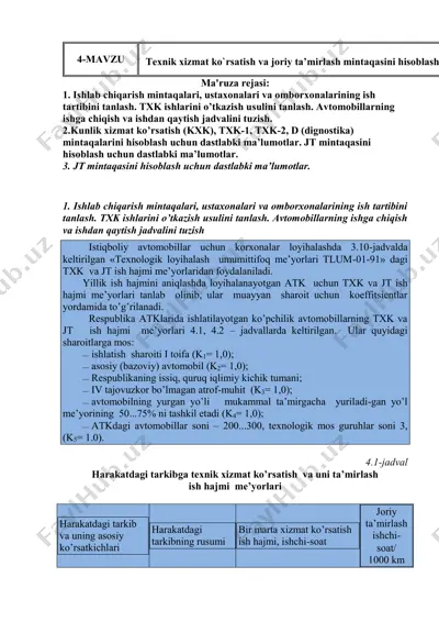 texnik xizmat ko`rsatish va joriy ta’mirlash mintaqasini hisoblash — PDF
