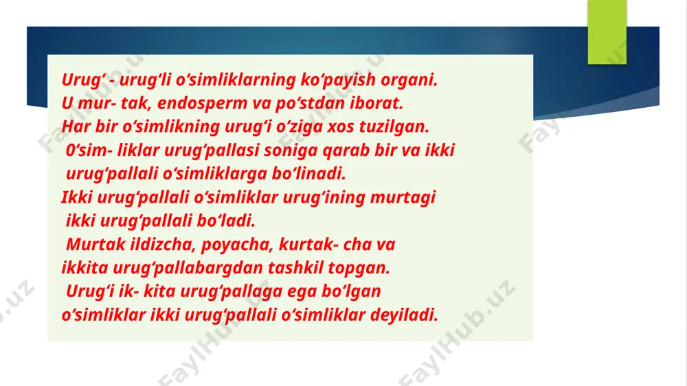 halari bo‘ladi. ayrim urug‘lar tarkibida efir moylari (zira, shivitda) va zaharli moddalar (mastak, achchiq bodom, shaftoli va kampirchoponda) saqlanadi. e’tiboringiz uchun rahmat. image1.jpeg image2.jpeg /docprops/thumbnail.jpeg