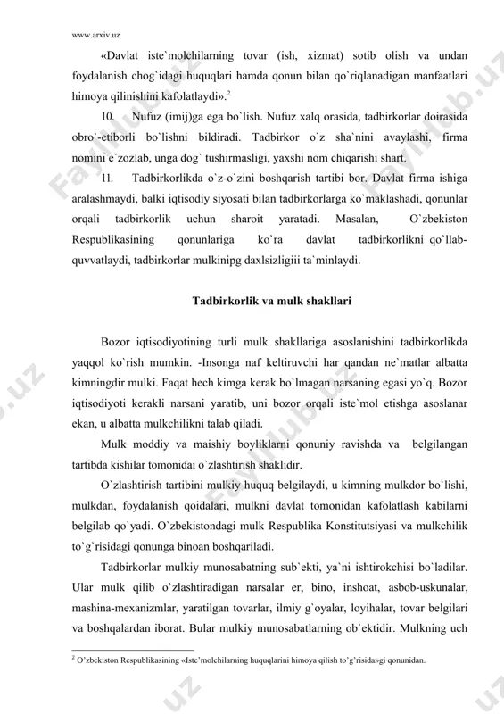 mulkini ijaraga olib ham faoliyat yuritadilar, bunda mulkka vaqtinchalik egalik qiladilar va mulkdan foydalanadilar, ammo uni tasarruf etib xujayinlik qila olmaydilar. baribir, har ikki holda ham yaratplgan tovarlarning egasi tadbirkor bo`lib qolaveradi. tadbirkor o`z mulkidan naf ko`rishi shart, shundagina uning iqtisodiy manfaati yuzaga chiqadi. tadbirkor o`z mulkini ishlatib foyda topadi, o`z mulkini qimmatiga sotib, daromad ko`radi, o`z mulkiga tayanib mehnat qiladi va shu yul bilan pul topadi va, nihoyat, u o`z mulkini merosga qoldiradi yoki xayr-ehson yo`lida hadya qiladi. mulkni qanday ishlatishni tadbirkor o`zi hal qiladi, ya`ni buning eng maqbul yo`lini o`zi tanlab oladi. tadbirkor o`z mulkidan naf ko`rgani uchun mulkiy mas`uliyatni, ya`ni mulkni oqilona ishlatish javobgarligini znmmasiga oladi. tadbirkorlik turli mulk shakllari doirasida yuz beradi va qonunga qarab uning turlari yuzaga keladi. bozor iqtisodiyotida hususiy mulk etakchi mavqeda turadi. хususiy mulk ayrim kishilarga tegishln va ularga naf keltiruvchi mulkdir. хususiy mulkka qarab xususiy tadbirkorlik mavjud bo`ladi. хususiy mulkiing o`zi …
