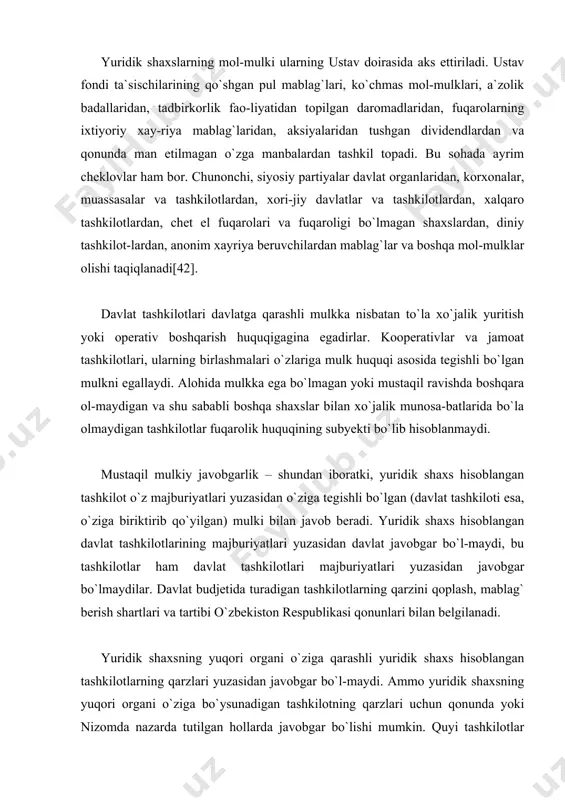 ol-mulki yetarli bo`lmaganida davlat uning majburiyatlari bo`yicha subsidiar (qo`shimcha) javobgar bo`ladi. yuridik shaxsning bankrotligi uning mulkdori yoki ta`sischi-ning g`ayriqonuniy harakatlari tufayli vujudga kelgan bo`lsa, yuridik shaxsning mol-mulki yetarli bo`lmaganda, uning mulkdori (yoki ta`sischisi) zimmasiga subsidiar javobgarlik yuklatilishi mumkin. fuqarolik muomalasida o`z nomidan harakat qilishi – yuridik shaxs hisoblangan tashkilot o`z nomidan huquqiy munosabatlarda qatnashib, turli bitimlar tuza olishi, mulkiy va mulkiy xarak-terda bo`lmagan huquqlarga ega bo`la olishi va majburiyatlar vujud-ga keltira olishi, demakdir. yuridik shaxs sudda, xo`jalik sudida mustaqil ravishda da`vogar va javobgar bo`la oladi. har bir yuridik shaxs o`z firma nomiga ega bo`lishi talab etiladi. firma nomi yuridik shaxsning tashkiliy-huquqiy shaklini bildiradi. masalan, “zarbdor” savdo–ishlab chiqarish jamoa kor-xonasi. bu yerda “zarbdor” – korxonaning nomi, ya`ni, korxonaning mahsulot va xizmatlari “zarbdor” yorlig`i ostida chiqariladi. “savdo-ishlab chiqarish” korxona faoliyatining xarakterini, “ja-moa korxonasi” – korxonaning jamoa mulkchiligiga asoslanganli-gini bildiradi. shuningdek, yuridik shaxslar rasmiy nomda, ya`ni davlat nomida bo`lishlari ham mumkin. yuridik shaxslarga …