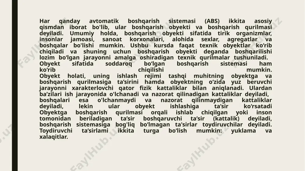 kattaliklcir deyiladi. ko‘rib o‘tilgan barcha kattaliklami obyektlami o‘rganish paytida tez tushunib olish mumkin. masalan, elektr generatorining ishlash rejimi kuchlanish, qo‘zg‘atish toki, yuklama toki, aylanish chastotasi bilan xarakterlanadi. bu yerda generator kuchlanishi - rostlanadigan kattalik, qo‘zg‘atish toki - boshqamvchi ta’sir, yuklama toki va aylanishlar chastotasi - tashqi ta’sirlardir. suv ta'minoti tizimida avtomatik boshqarish usullari. suv ta'minoti tizimida avtomatik boshqarish usullari 2 xil bo’ladi 1. inson boshqaradigan yani operator vazifasini bajaruvchi shaxs butun tizimni boshqarishi mumkin masalan; zavod, sexlar, suv taminoti, kanalizatsiya tizimlari, ventilatsiya tizimlari, turli xil kamunikatsiyalar va xarqanday turdagi tizim mavjud bo’lgan sistemaga aytiladi. 2 inson tasir ko’rsatmaydigan yani smart tizimi bunga misol bo’la oladi. ayniqsa yaqin kelajakda suniy intelek butun tizimni boshqarish darajasiga yetishi mumkin. hozirgi kunda smart tizimga misol tariqasida internet saytlari, talim tizimi(hemins tizimidagi online testlar) bunga yaqol misol bo’la oladi. xulosa xulosa qiladigan bo’lsak, xorijiy davlatlarda sug’orish texnologiyasini takomillashtirishga katta ahamiyat berilgan. dunyodagi ko’pgina mamlakatlarning har …
