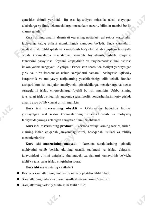 slar qiymatining ifodasi sifatida talqin qilinadi. korxona darajasida esa bu tushuncha bir oz kengroq ma’noga ega bo‘lib, moliyaviy hisobotlarda aks ettiriladigan har qanday moliyaviy chiqimlarni o‘z ichiga oladi. ishlab chiqarish xarajatlari bevosita mahsulot yoki xizmat ko‘rsatish jarayonida amalga oshiriladigan resurslar sarfini ifodalaydi. bunga xom ashyo va materiallar, ish haqi, energiya resurslari, asbob-uskunalar eskirishi (amortizatsiya), ijaraga olingan bino va inshootlar uchun to‘lovlar va boshqa ko‘plab xarajat turlari kiradi. xarajatlar korxonaning faoliyat yuritish modeli, soha xususiyatlari va ishlab chiqarish texnologiyasi bilan chambarchas bog‘liqdir. har bir korxona o‘zining ishlab chiqarish hajmi, mahsulot turi va resurslardan foydalanish usuliga qarab xarajatlarning turli strukturasiga ega bo‘ladi. korxona xarajatlarining iqtisodiy mohiyatini anglash, birinchi navbatda, ularning foyda bilan qanday bog‘liqligini tushunishni talab qiladi. har qanday korxona daromad olishni maqsad qilgan subyekt bo‘lib, daromadning hajmi xarajatlar bilan solishtirilganda qoladigan ijobiy farq – ya’ni foyda – korxonaning asosiy moliyaviy natijasidir. shu sababli xarajatlarni to‘g‘ri rejalashtirish va boshqarish korxona foydasini oshirishning …