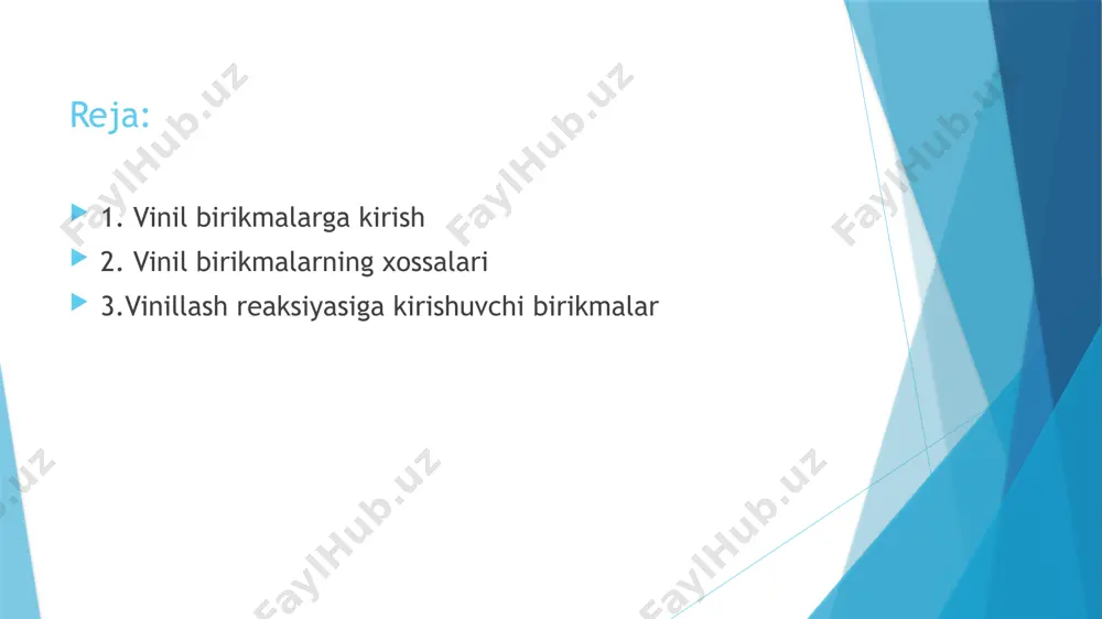 dratlansa metilvinilketon hosil bo‘ladi: vinilatsetatning geterogen-katalitik sintezi ushbu ishda sirka kislotani atsetilen bilan geterogen katalitik vinillash reaksiyasi tadqiq qilindi. katalizator sifatida faollashtirilgan ko’mirga yoki granula holatidagi γ-al2о3 ga shimdirilgan zn(cн3coo)2 dan foydalanildi. bunda katalizatorni faol komponentining miqdori tashuvchi massasiga nisbatan 30 % ni tashkil qildi. jarayonda sirka kislotaning vinil efiri-vinilatsetat hosil bo‘lishi aniqlandi. reaksiya quyidagi sxema bo‘yicha boradi. vinil xlorni aniqlash vinil xlorid (vinil xlorid) - pvx va boshqa plastmassa materiallarini ishlab chiqarishda ishlatiladigan organik birikma. biroq, bu juda zaharli kimyoviy moddadiru inert moddadir. rangsiz va juda tez yonuvchan moddalar bo'lgan vinil xlor, polivinilxlorid (pvx) polimerini ishlab chiqarish uchun ishlatiladigan juda muhim kimyoviy birikma. bu yoqilganda zaharli karbonat angidrid, uglerod oksidi va vodorod xloridni chiqaradigan xlorli uglevodorod. havoda vinil xlorid miqdori yuqori bo'lsa, u asab tizimiga qisqa muddatli bosh aylanishi, bosh og'rig'i va uyquchanlik ta'sir qiladi. uzoq vaqt davomida jigar shikastlanishiga olib kelishi mumkin. etilen vinil spirti (evoh) etilen va …