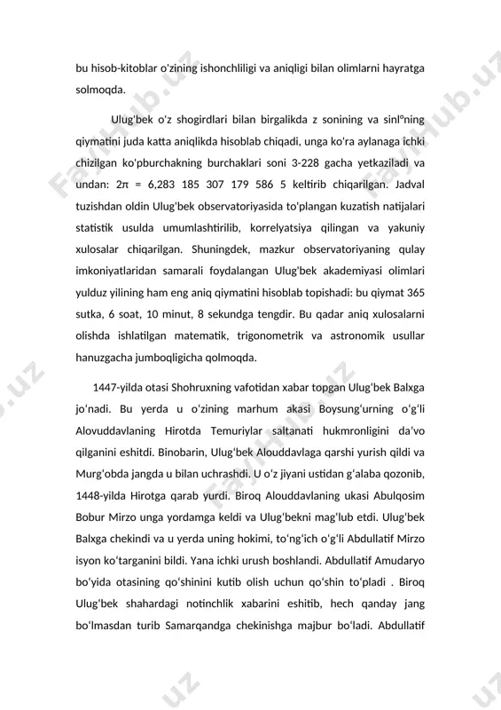 arni shaxsiy iltimoslari bo'yicha qabul qilar ekan va bunday qabul kunlari fuqarolarning oʻta chigal muammolarini ham juda ustalik bilan yechib bera olganligini zamondoshlari hayrat bilan esga olishadi[6]. ulug'bekning tafakkuri nafaqat tabiiy fanlar, xususan, matematika ilmini, balki ijtimoiy-siyosiy hodisalarni ham to'g'ri tahlil etishga qodir analitik tafakkur turiga mansub bo'lgan. u, temirshunos olim turg'un fayziyevning juda to'g'ri ta'kidlashicha, hukmdorlar orasida buyuk olim, olimlar orasida ulug' alloma edi[7] ulug'bek vatanparvar inson sifatida turkiy xalqlar tarixi, madaniyati, faoliyatiga rahbarlik qildi. bu maktabda taniqli olimlar qozizoda rumiy, g'iyosiddin jamshid al-koshiy, ali qushchi o'z faoliyatlarini olib borganlar. shuningdek, bu maktabda amir temur davrida faoliyat olib borgan olimlarning falsafa, mantiq (ma'sud ibn umar taftazoniy /1330-1390/), tarix (sharafiddin ali yazdiy, ibn arabshoh), sosiologiya (ibn xaldun), geografiya va boshqa sohalarga oid ilmiy an'analar ham davom ettirilgan. bu maktab (akademiya) ulug'bekdan keyin ham bir qancha yillar davomida o'z faoliyatini davom ettirdi. ayni paytda ulug'bek turkiy xalqlarning ma'naviy merosini oʻrganish, qimmatbaho …