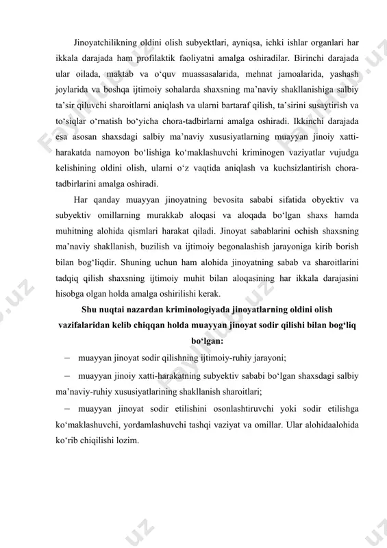xatti-harakat jarayonidan shakli bilan emas, balki mazmuni va mohiyati bilan farq qiladi. xatti-harakatning jinoiy yo‘nalishi uni sodir etish jarayonining alohida qismlaridagi kamchilik va nuqsonlar hamda shaxs shakllanishining turli bosqichlaridagi buzilishlar bilan taqozo qilinadi. shuning uchun ham kriminologiyada jinoiy xulq shakllanish jarayonini quyidagi toifalarga ajratishadi: 1) shaxs ehtiyoji va manfaatlari buzilishi bilan bog‘liq jinoiy xulq shakllanish jarayoni; 2) shaxs ehtiyoji (manfaati) va imkoniyati o‘rtasidagi farq (qarama-qarshilik) bilan bog‘liq jarayonlar; 3) shaxs ma’naviy va huquqiy tasavvurining, qadriyatlar va ijtimoiy yo‘nalishining buzilishi bilan bog‘liq jarayonlar; 4) qaror qabul qilish va amalga oshirishdagi nuqson va kamchiliklar bilan bog‘liq jarayonlar. jinoiy xatti-harakat jarayoni quyidagi asosiy qismlarni o‘z ichiga oladi: motivatsiya, qaror qabul qilish va uni amalga oshirish. har qanday ijtimoiy ahamiyatga ega bo‘lgan xatti-harakat shaxsdagi o‘ziga xos xususiyatlar bilan tashqi muhit o‘rtasidagi aloqaning natijasi, degan fikrga asoslangan holda muayyan jinoiy xatti-harakat jarayonini quyidagicha tasvirlasa bo‘ladi: yuqorida ta’kidlab o‘tganimizdek, jinoiy xatti-harakatni sodir etish jarayoni qonunga itoat …