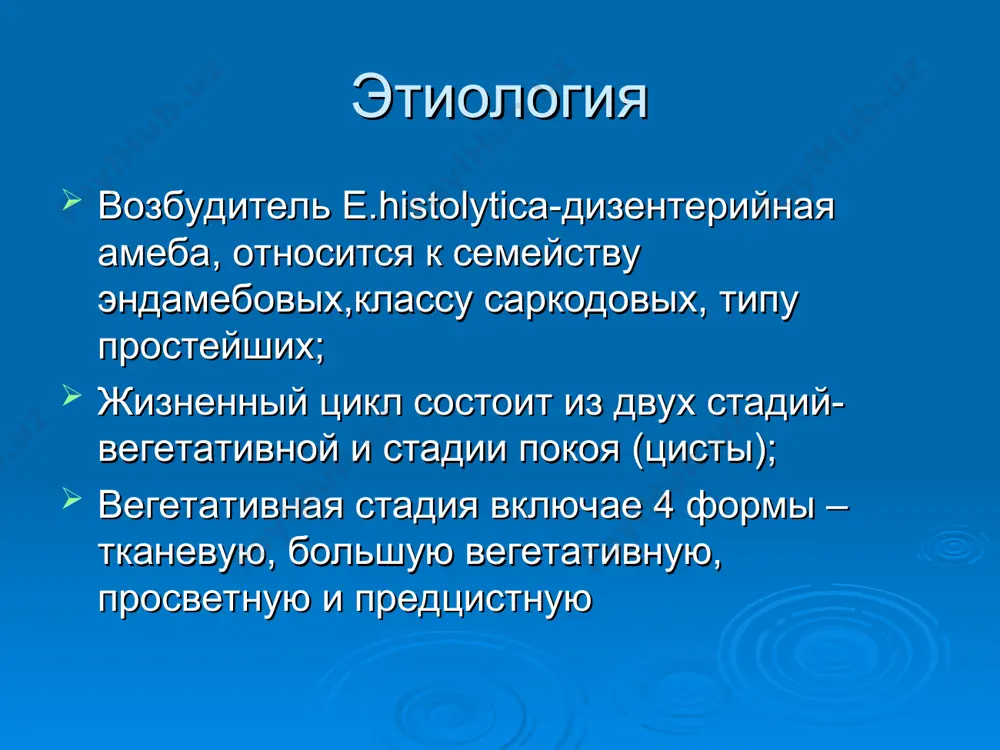 нескольких месяцев. клинические проявления амебиаза весьма вариабельны - от субклинических до тяжелых форм с поражением различных внутренних органов и тканей. классификация воз (1970) кишечный амебиаз; внекишечный амебиаз; кожный амебиаз диагностика паразитологический метод; ифа; биологический метод; ректороманоскопия; колонофиброскопия(биопсия); контрастной рентгенография; сканирования; лапароскопия. дифференциальная диагностика острой и хронической дизентерия; няк; острый аппендицит; кишечной непроходимость; новообразованиями кишечника лямблиоз и т.д. лечение 1-группа - препараты прямого контактного действия –ятрен и дийодохин; 2-группа –действующие преимущественно на амеб – эметин, дигидроэметин, хингамин, нитротиамидазол; 3 – группа – универсальные амебоциты – метронидазол (флагил,трихопол) профилактика все больные обязательное госпитализируются; реконвалесценты амебиаза находиться под наблюдением в течение 6-12 мес.; постоянное обследование работников пищеблоков и продовольственных магазинов.