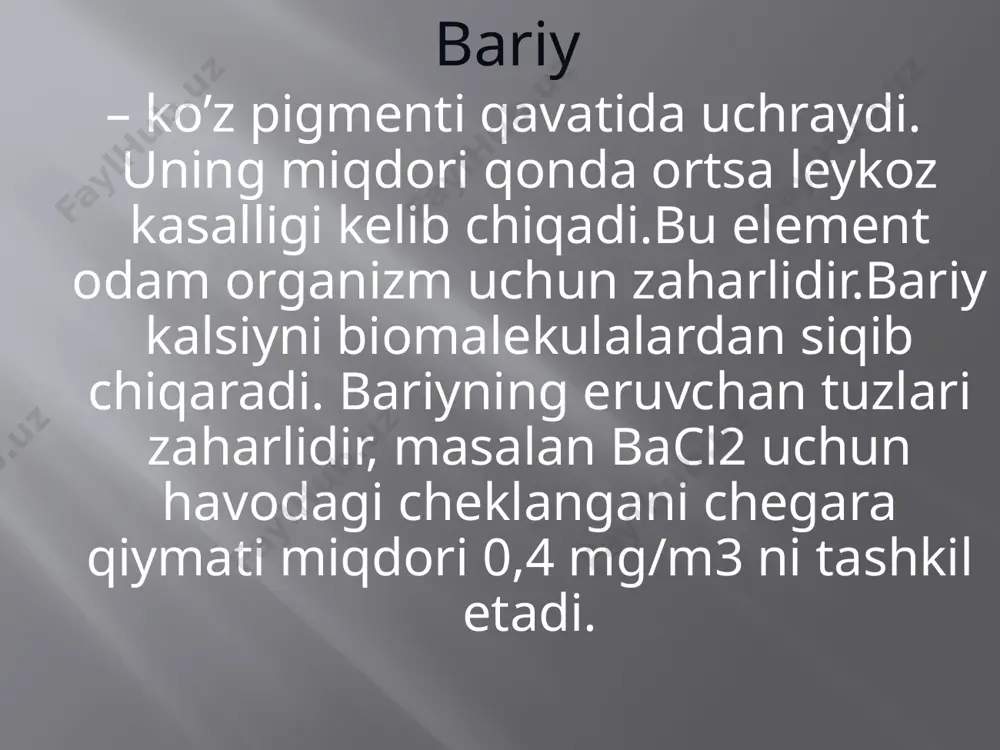 + 3h2o al2o3 + 2naoh = 2naalo2 + h2o al(oh)3 + 3hcl = alcl3 + 3h2o al(oh)3 + naoh = naalo2 + 2h2o qalay kimyoviy xossalari qalay havoda uzoq vaqt o’zgarmay saqlanib turadi, ya’ni oksidlanmaydi. lekin suyqlanish temperaturasiga qadar qizdirilganda sno2 ga aylanadi. suyultirilgan xlorid va sulfat kislota qalayga juda sekin ta’sir etadi. sn + 2hcl = sncl2 + h2 sn + 4h2so4 = sn(so4)2 + 2so2 + 4h2o k2sno3 + 3h2o = k2{sn(oh)6} sno2 + 2koh = k2sno3 + h2o qo’rg’oshin kimyoviy xossalari qo’rg’oshin suv bilan tasirlashmaydi lekin havoda kislorodida oksidlanib avval sariq pbo2 keyin esa och qizil pb3o4 hosil qiladi pb3o4 nitrat kislota bilan reaksiyaga kirishadi pb3o4 + 4hno3 = pbo2 + 2pb(no3)2 + 2 qo’rg’oshin (ii) –gidroksid amfoter xossaga ega uning kislotali xossasi asosli xossasidan ustunroqdir. pb(oh)2 + 2hno3 = pb(no3) + 2h2o pb(oh)2 + 2naoh = na2pbo2 + 2h2o margumush,surma va vismut kimyoviy xossalari suvda va …