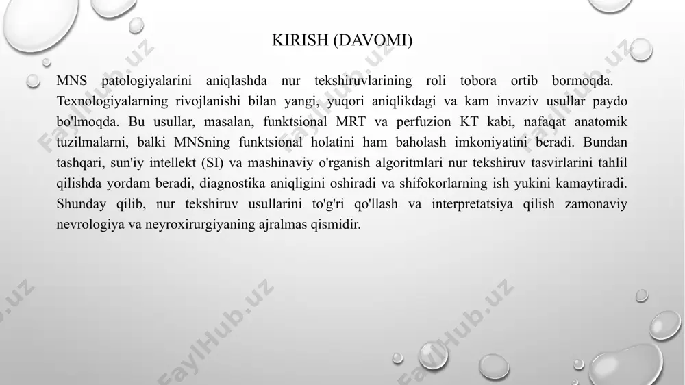 arida, jumladan tarqoq skleroz, miya o'smalari, orqa miya patologiyalari, tunnelniy sindromlar, insultlar va tug'ma anomaliyalar diagnostikasida keng qo'llaniladi. tarqoq sklerozda mrt miyadagi va orqa miyadagi demilinizatsiyalovchi blyashkalarni aniqlashda asosiy diagnostik usuldir. miya o'smalarida mrt o'smaning hajmi, lokalizatsiyasi, chegaralari va to'qimalar bilan munosabatini baholashda muhim. orqa miya patologiyalarida mrt orqa miya kompressiyasi, o'smalari, travma va boshqa holatlarni aniqlashda foydali. insultda mrt ishemik insultni erta aniqlash va gemorragik insultdan ajratishda ktga nisbatan yuqori sezgirlikka ega, ayniqsa, o'tkir fazada. tug'ma anomaliyalarni aniqlashda mrt homiladorlikning ikkinchi va uchinchi trimestrlarida homila mnsni baholash uchun ishlatilishi mumkin. ultratovush tekshiruvi (utt) ultratovush tekshiruvi (utt) mns diagnostikasida cheklangan qo'llaniladigan, lekin ba'zi hollarda foydali bo'lishi mumkin bo'lgan usuldir. utt tovush to'lqinlari yordamida tasvirlarni yaratadi va ionlashtiruvchi nurlanishni ishlatmaydi. uttning mnsda asosiy qo'llanilishi yangi tug'ilgan chaqaloqlarda bosh miyani transfontanel utt orqali tekshirishdir, chunki chaqaloqlarda bosh suyagi hali to'liq suyaklanmagan bo'ladi va fontanellar ultratovush to'lqinlari uchun "darcha" bo'lib xizmat qiladi. transfontanel …