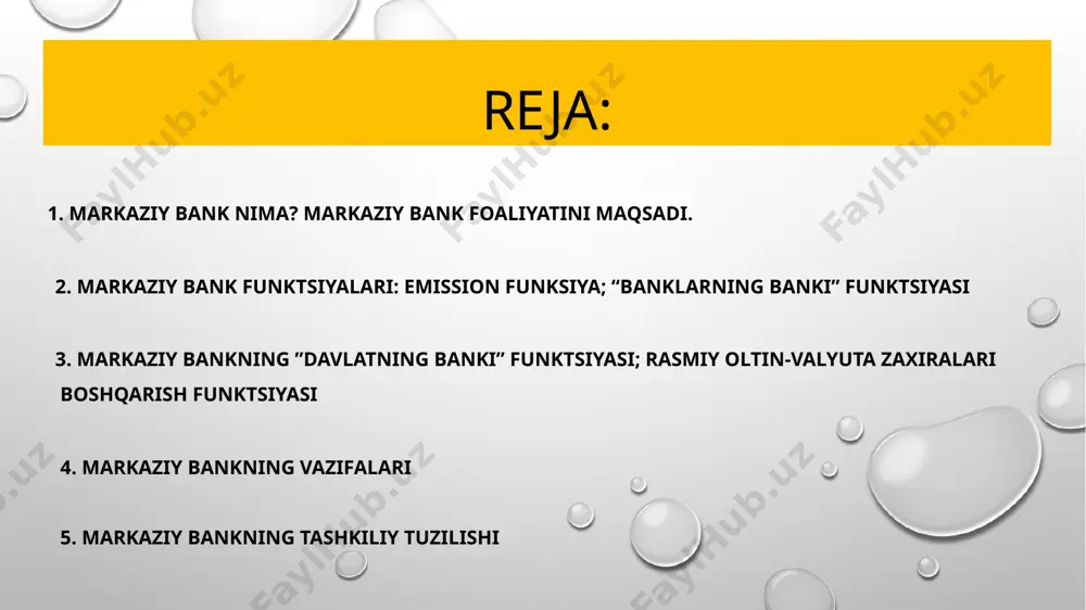 ladi. ba'zan mamlakatlarda mega-tartibga soluvchi (mega-regulyator) bo‘lgan markaziy banklar mavjud va ular sug‘urta bozorini hamda moliya bozorining boshqa segmentlarini ham tartibga sol. markaziy bank tijorat banklarining amaliyotlarini amalga oshirish, ya'ni jismoniy va yuridik shaxslarga qarz berish, ularga valyuta ayirboshlash xizmatlarini ko‘rsatish, shuningdek uchinchi shaxslarga moliyaviy yordam ko‘rsatish, banklar kapitallari va boshqa yuridik shaxslarning ustav fondlarida ishtirok etish huquqiga ega emas. markaziy banklarning kelib chiqish tarixi markaziy banklarning paydo bo‘lishi xix asrning o‘rtalariga va xx asrning boshlariga to‘g‘ri keladi, chunki bu davrda ko‘pchilik hukumatlar muomaladagi pul masalasini nazorat qilish muayyan banklar bo‘ynida bo‘lishni qonunlashtirgan. markaziy bank birinchi marta qayerda va qachon paydo bo‘lganini aytish qiyin. ayrim iqtisodchilar markaziy bankning vazifalarini birinchi bo‘lib bajargan bankning tashkil topgan sanasi deb hisoblaydilar. bu mezonga riksbank (shvetsiya banki bo‘lib, 1668-yilda tashkil etilgan) mos keladi. angliya banki 1694-yilda tashkil topgan. fransiya banki esa 1800-yilda. an'anaga ko‘ra, markaziy bankning 4 ta asosiy vazifasi bor. markaziy bank: 1. …