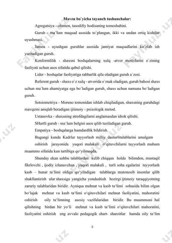 eng avvalo pedagogik shart- sharoitlar hamda oily ta‘lim muassasidagi barcha imkoniyatlardan kelib chiqib, o‘ziga xos xususiyatlarni hisobga olinganligini ham nazarda tutadi. mustaqil fikrlovchi erkin shaxsni shakllantirish ta'lim va kadrlar tayyorlash milliy modelining asosiy maqsadi. ijtimoiy munosabatlar ko‘lamining kengayishi o‘sib kelayotgan avlodni o‘ta murakkab xususiyatga ega munosabatlar jarayoniga har tomonlama yetuk etib tayyorlash vazifasini qo‘ymoqda. psixologik, intellektual va fiziologik jixatdan yetuk inson hayotiy qarama-qarshilik, xususan, turli buzg‘unchi g‘oyalar ta'siriga tushib qolish, nosog‘lom turmush kechirish va noqonuniy xatti-harakatlarni sodir etishdan o‘zini saqlab qola oladi. shuningdek, shaxsning aqliy salohiyatga egaligi jamiyat ijtimoiy-iqtisodiy rivojlanishini ta'minlovchi asosiy omildir. o‘zbekiston respublikasida, demokratik va huquqiy jamiyat barpo etilayotgan mavjud sharoitda yosh avlodning mustaqil va erkin fikrlay olishi ro‘y berayotgan voqea-xodisalarga shaxsiy munosabtini bildirishga imkon beradi. ijtimoiy borlikda kechayotgan o‘zgarishlarga nisbatan shaxsiy nuqtai nazarning shakllanishi shaxs faolligini ko‘rsatuvchi muhim jihatlardan biridir. qolaversa, mustaqil fikr egasi bo‘lgan shaxs o‘z imkoniyatlari, qobiliyatini erkin namoyon eta oladi. muvaffaqiyatli ravishda olib borilayotgan …