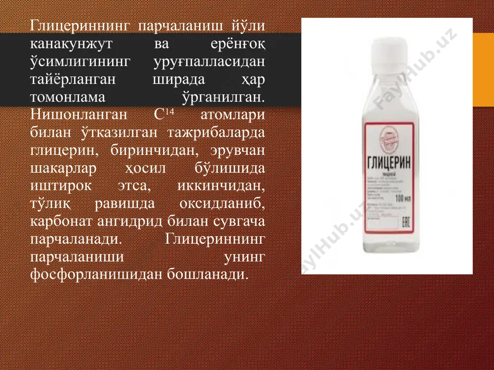 ишдан кескин фарқ қиладиган бу йўл билан фақат таркибида 13-18 та углерод атоми тутувчи юқори молекуляр ёғ кислоталар оксидланади. бундан ташқари, ёғ кислоталарни олдиндан актив ҳолга келтириш талаб қилинмайди. бу жараёнда ҳар доим ёғ кислотанинг -углерод атоми оксидланиб, карбоксил группаси со2 сифатида ажралиб чиқади ва шунинг учун -оксидланиш деб аталади. * -оксидланиш жараёни фақат иккита асосий ферментатив реакциядан иборат. бу реакция-ларнинг биринчисида юқори молекуляр ёғ кислоталар водород пероксид билан реакцияга киришиб, уларнинг альдегиди ва карбонат ангидрид ҳосил қилади. реакция махсус пероксидаза ферменти иштирокида катализла-нади. иккинчи реакцияда юқори молекуляр ёғ кислоталарнииг альдегиди оксидланиб, яна ёғ кислота ҳосил қилади. бу реакция альдегид-дегидрогеназа ферменти иштирокида тезлашади. * -оксидланиш реакциясида лауринат кислота ва кичик молекуляр ёғ кислоталар оксидлан-маслиги аниқланган. бу жараённинг ўсимликлар учун аҳамияти тўлиқ маълум эмас. -оксидланиш билан -оксидланиш реакциялари биргаликда амалга ошиши натижасида табиий ёғ кислоталардан органик кислоталар ва бошқа бирикмалар ҳосил бўлиши мумкин, деб тахмин қилинади. -оксидланиш жараёни энергетик нуқтаи назардан …