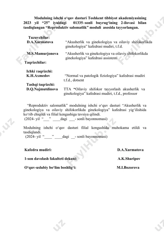 mi yuklama (soat) reproduktiv salomatlik 90 (18/72) 90 180 i. modulning mazmuni ushbu dastur asosida zamonaviy pedagogik texnologiyalarni o‘qitish jarayoniga tadbiq etib, talabani nazariy ma’lumotidan boshlang‘ich amaliy ko‘nikmalarni fantomlarda bajarishga o‘rgatib va orttirilgan ko‘nikmalarni zamonaviy tibbiy texnologiyalar orqali klinik amaliyot bilan uyg‘unlashtirgan holda mustaqil ravishda bemorlarni tashxislash va qabul qilishga zamin yaratib beradi. dasturning maqsad va vazifalarini yechimi yakunida talaba gorizontal va vertikal integratsiya jarayonlarida olgan bilim va amaliy ko‘nikmalarni klinik uyg‘unlashtirib, yetuk, raqobatbardosh, mustaqil klinik fikrlash qobiliyatiga ega bo‘lgan umumiy amaliyot shifokori bo‘lib shakllanadi. modulni o‘qitishdan maqsad – talabalarga avvalgi bosqichlarda olgan bilimlariga tayangan holda, akusherlik va ginekologiyadan, dalillarga asoslanib, fiziologik va asoratlanib kechayotgan homiladorlikda samarali perinatal yordam tamoyillariga, normal va patologik tug‘ruq va chilla davrini olib borish, chaqaloqlarni parvarishlash, akusherlik va ginekologiya amaliyotlarida ko‘p uchrab turadigan shoshilinch holatlarda, birlamchi yordam ko‘rsatish va oldini olish usullarini o‘rgatishdan iborat. modulning vazifasi – talabalarda “reproduktiv salomatlik” moduliga qiziqishni uyg‘otish; talabalarda ilmiy …