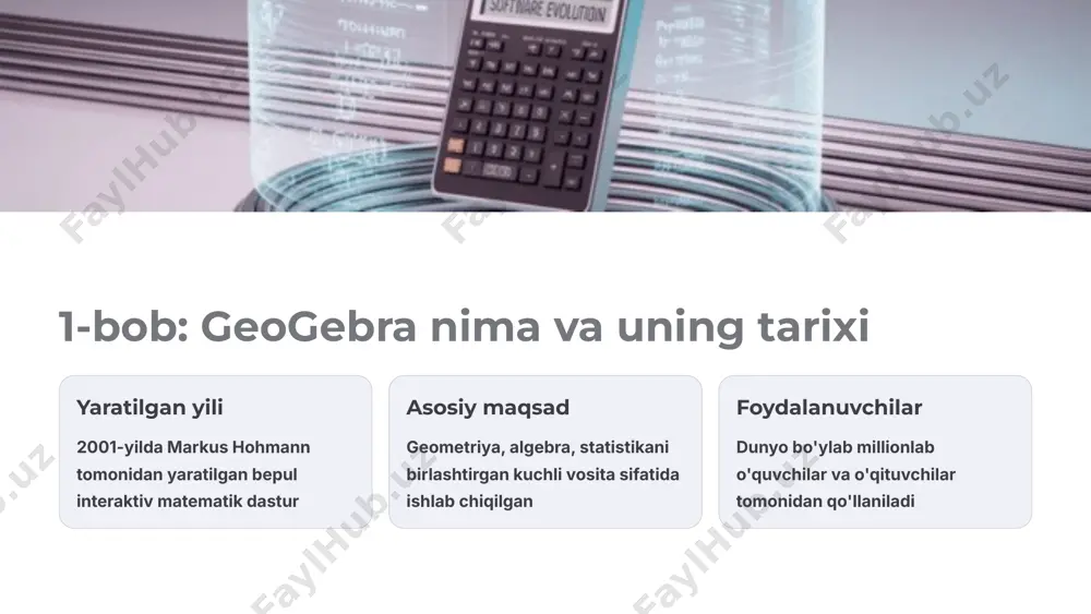 ini hisoblab, natijani ranglar bilan ajratib ko'rsatadi. geogebra ta'limda qanday qo'llaniladi? maktab darslari interaktiv darslar tashkil qilish mustaqil o'rganish o'quvchilar uchun qulay vosita o'qituvchilar uchun dars rejalari va mashqlar yaratish taqdimotlar ko'rgazmali materiallar tayyorlash mashhur o'qituvchi va talabalar fikrlari o'qituvchi fikri "geogebra yordamida o'quvchilarim matematikani yaxshiroq tushunishdi. darslarimiz yanada qiziqarli va samarali bo'ldi." o'quvchi fikri "ilgari qiyin tushunardigan geometriya masalalarini endi oson hal qila olaman. vizual ko'rinish juda yordam beradi." o'zbekiston maktablarida geogebra'ning keng tarqalishi o'qitish sifatini sezilarli darajada oshirdi. geogebra resurslari va qo'shimcha materiallar 1 rasmiy sayt www.geogebra.org sayti va faol foydalanuvchilar forumlari orqali yordam olish 2 video darsliklar youtube va boshqa platformalardagi bepul onlayn kurslar va qo'llanmalar 3 o'zbek tillida milliy qo'llanmalar va mahalliy ta'lim tizimiga moslashtirilgan materiallar amaliy mashq: geogebra bilan uchburchakning burchaklarini o'rganish 1 1-qadam uchburchak chizish vositasini tanlab, ekranda istalgan uchburchakni yaratish 2 2-qadam burchak o'lchash vositasini ishlatib, har bir burchakning qiymatini ko'rsatish 3 3-qadam …