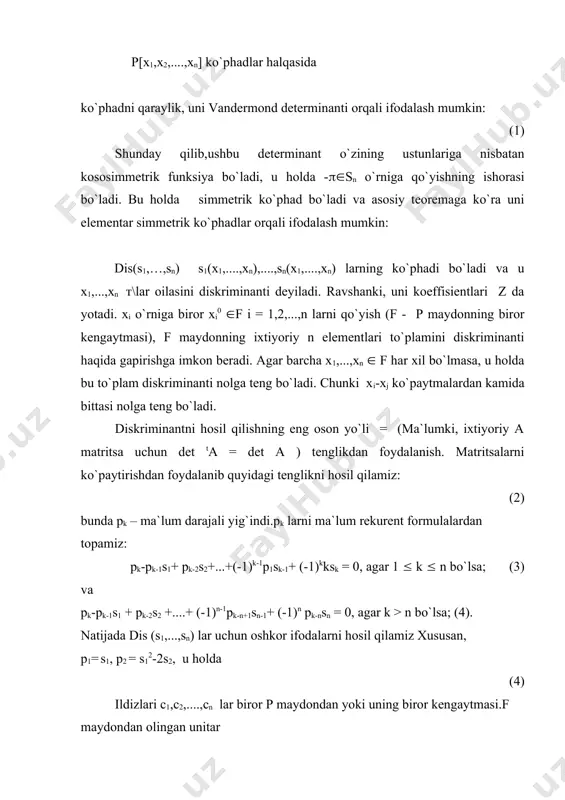 mos ravishda (-1)kak larni qo`yishdan hosil bo`lgan ifodaga f ko`phadning diskriminanti deyiladi va d(f) deb belgilanadi. u f(x) = xn + a1xn-1 +....+ an-1x + an = 0. (5) algebraic tenglamaning diskriminanti ham deb ataladi. ravshanki, d(f) (p . tasdiq. d(f) = 0 bo`lganda va faqat shu holdagina (5) tenglama karrali ildizga ega bo`ladi( ya`ni birorta ildizining karraligi k > 1 bo`ladi). (4) formulani kvadrat uchhadga qo`llash mumkin: f(x) = x2 +ax+b bunda a, va b lar haqiqiy sonlar, u holda d(f) = a2 - 4b – bo`ladi, bu bizga elementar matimatikadan ma`limb o`lgan ifoda. xususan, d (f) ishora x2+ax+b =0 tenglamaning ildizlarini haqiqiy yoki kompleks qo`shma ekanligiga bog`liq. misol sifatida to`la bo`lmagan kubik tenglamaning diskriminantini hisoblaymiz: f(x) = x3 +ax +b = 0. bu holda s4 = 0 va pk lar rekurent formulalarga ko`ra p1= s1= 0, p2 = s12-2s2 = -2a, p3 = s13-3s1s2+3s3 = -3b, p4 = …