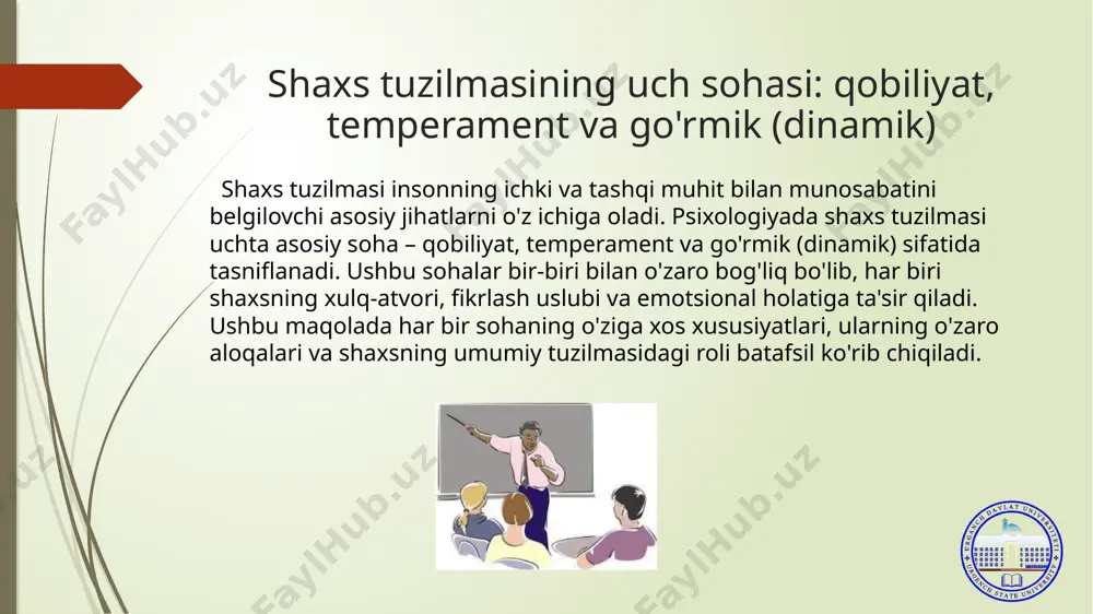 og'liqdir. go'rmik shaxsning qanday qilib o'z hissiyotlarini boshqarishi, stressga qanday munosabatda bo'lishi va o'z maqsadlariga erishishda qanday harakat qilishi bilan bog'liqdir. go'rmik elementlari go'rmikning asosiy elementlari quyidagilardan iborat: • motivatsiya: shaxsni harakatga keltiruvchi kuchdir. motivatsiya ehtiyojlardan kelib chiqadi va shaxsning maqsadlariga erishishida muhim rol o'ynayd • hissiyotlar: hissiyotlar insonning ichki holatini aks ettiradi va uning xulq-atvoriga ta'sir qiladi. hissiyotlarni boshqarish shaxsning psixologik salomatligi uchun muhimdir. • stress: stress shaxsning ichki muvozanatini buzishi mumkin. stressga qanday munosabatda bo'lish shaxsning go'rmik jihatiga ta'sir qiladi. go'rmikni rivojlantirish go'rmikni rivojlantirish uchun psixologik treninglar, meditasiya va stressni boshqarish usullari foydalidir. ushbu usullar yordamida shaxs o'z hissiyotlarini boshqarishni o'rganishi va ichki motivatsiyasini kuchaytirishi mumkin. shaxs tuzilmasining o'zaro aloqalari shaxs tuzilmasining uch sohasi – qobiliyat, temperament va go'rmik – bir-biri bilan o'zaro bog'liqdir. har bir soha shaxsning umumiy xulq-atvorini shakllantiradi va uning muvaffaqiyatiga ta'sir qiladi. qobiliyat va temperament qobiliyatlar shaxsning faoliyatdagi muvaffaqiyatini belgilasa, temperament bu muvaffaqiyatga qanday …