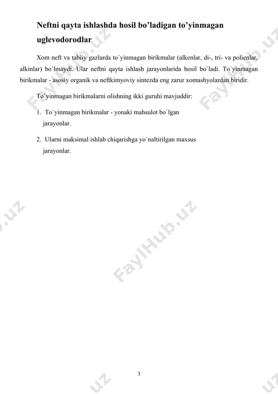 ar ishtirokida alkenlar sintezlarini o`z ichiga oladi. suyuq fazadagi termik kreking gazida (470 - 5200c; 2 - 5 mpa) taxminan 20 % (hajmiy), bug` fazadagi termik kreking gazida (530-6000c; 0,1 0,5 mpa) va piroliz (670-9000c; 0,1 mpa) gazlarida 30 - 50% (hajmiy) miqdorda to`yinmagan birikmalar mavjuddir. neft xomashyosini termik ishlanganda hosil bo`ladigan gazlarning tarkibi quyidagi jadvalda berilgan. neft xomashyosini termik va termokatalitik qayta ishlanganda hosil bo`ladigan gazlarning tarkibi, % (hajmiy) jadval ma'lumotidan ko`rinib turibdiki, termik jarayon alkenlari ichida etilen va propilenlar ko`proqdir. butilen va butadien birmuncha sezilarli miqdorda mavjuddir. katalitik kreking gazlarida alkenlarning miqdori 25% (hajm.) va undan ortiqdir. alkanlar izobutanni (25% hajmiygacha) yuqori miqdordaligi bilan farqlanadilar. to`yinmagan uglevodorodlar neftni termik va katalitik qayta ishlash suyuq mahsulotlari tarkibida ham mavjuddir. masalan, suyuq fazadagi termik kreking benzinida 30-35% (massaviy), benzinning bug` fazadagi krekingida 40-45% va katalitik kreking benzinida 10% ga yaqin miqdorda to`yinmagan uglevodorodlar bo`ladi. to`yinmagan uglevodorodlarning xossalari oddiy sharoitlarda quyi …