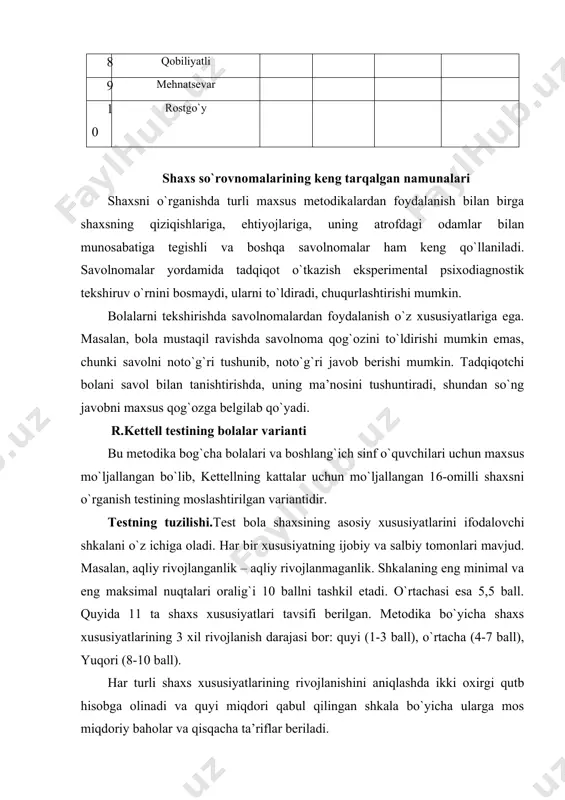 isha olmaydigan, deb hisoblanadi. ular ko`pincha qaysar va xudbindirlar. ii. o`z-o`ziga ishonch bu shkala bo`yicha yuqori ball (8–10 ball) to`plagan bola past xavotirlikka ega. bu shkala bo`yicha past balli (1–3 ball) bola o`ziga ishonadi va tez xafa bo`ladi, arazlaydi. bunday shaxs xususiyatining pastligi aniqlangan bolalar o`z muvaffaqiyatsizliklariga qattiq e’tibor beradi, boshqalarga nisbatan o`zini kam qobiliyatli, kuchsiz deb hisoblaydi, o`z his-tuyg`ularini yomon nazorat qiladi, yangi muhit va turmush sharoitlariga moslashishi qiyin kechadi. bu shkala bo`yicha yuqori natijaga ega bo`lganlar – yaxshi ijtimoiy moslashuvchan bolalardir. iii. hissiy barqarorlik bu shkala bo`yicha yuqori ball (8–10 ball) to`plagan bola – chidamli, sabr-toqatli, tez qo`zg`aluvchan va ta’sirchandir. past balli bolalar esa (1–3 ball) ko`pincha xotirjam, bosiq, kam kuzatuvchan va flegmatiklardir.kuchli ta’sirlanadigan bolalarning diqqat-e’tibori bir joyda turmaydi, tez harakat qilib turadi.bu sifat bo`yicha past baholanganlar esa bosiqlik va muvozanatlilik bilan ajralib turadilar. iv. mustaqillik bu shkala bo`yicha yuqori natijaga ega bola (8–10 ball)–mustaqil, hech kimga tobe …
