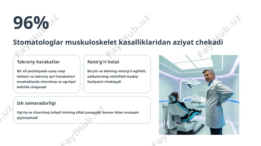 anish jarayoni tezlashadi va sifati yaxshilanadi harakatlar kamayishi takroriy va zo'riqishli harakatlar sezilarli darajada kamayadi, bu esa charchoqni oldini oladi oshgan samaradorlik ish samaradorligi 30-40% gacha oshadi, bemor qulayligi va davolanish natijasi yaxshilanadi ish joyini tashkil etishning asoslari asbob-uskunalar joylashuvi barcha zarur vositalar qo'l ostida, ortiqcha egilish va burilishlarsiz olib ishlatilishi mumkin bo'lgan masofada joylashtirilgan yorug'lik sozlamalari yorug'lik manbai ko'zga zarar bermaydigan, lekin ishni aniq ko'rish uchun etarli darajada sozlangan toza muhit ish maydoni doimo toza va tartibli bo'lishi, sterillik talablariga javob berishi zarur ish oqimi optimallashtirish mantiqiy ketma-ketlik va samarali ish oqimi orqali vaqt tejash va sifat oshirish 5-bob ergonomik qoidalarni buzish oqibatlari ergonomik qoidalarni e'tiborsiz qoldirish jiddiy kasbiy kasalliklar va uzoq muddatli salomatlik muammolariga olib kelishi mumkin. bunga yo'l qo'ymaslik uchun oldini olish choralari muhim ahamiyatga ega. noto'g'ri ergonomika natijalari 96% stomatologlar muskuloskelet kasalliklarga chalingan professional stomatologlar soni $131m iqtisodiy yo'qotish 2004 yilda aqshda msd sababli stomatologiya sohasidagi …