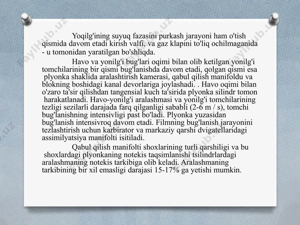 ish, ko'krak, karbüratör yoki mikserda (gaz dvigateli) yoqilg'i va havo dozalash bilan boshlanadi, qabul qilish traktida davom etadi va vosita tsilindrida tugaydi. ikkita tur mavjud yoqilg'i quyish: markaziy - yoqilg'ini qabul qilish manifoltiga quyish va taqsimlangan - silindr boshining qabul qilish kanallariga quyish. dvigatelning turli tsilindrlariga kirish, markaziy in'ektsiya va karbürasyon bilan kanallarning turli geometriyasi va uzunligi (qabul qilish yo'li shoxlarining teng bo'lmagan qarshiligi), havo va bug'larning tezligidagi farq, tomchilar va asosan , yonilg'i plyonkasi. qabul qilish traktining muvaffaqiyatsiz dizayni bilan aralashma tarkibining bir xillik darajasi ± 20% ga yetishi mumkin, bu esa dvigatelning samaradorligi va quvvatini sezilarli darajada kamaytiradi. aralashmaning notekis tarkibi dvigatelning ishlash rejimiga ham bog'liq. markaziy in'ektsiya va karbüratörlü dvigatelda tezlikni oshirish bilan yoqilg'ining atomizatsiyasi va bug'lanishi yaxshilanadi, shuning uchun aralashmaning notekis tarkibi kamayadi. dvigatel yukining kamayishi bilan aralashmaning shakllanishi yaxshilanadi. tarqalgan in'ektsiya bilan, aralashmaning silindrlar ustidagi notekis tarkibi injektorlarning ishlashiga bog'liq. rejimda eng katta notekislik mumkin …