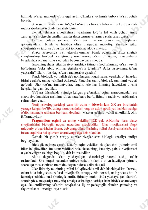 g bosh subyekti va obyekti, ta’lim sohasidagi xizmatlarining iste’molchisi va ularni amalga oshiruvchi sifatida ta’riflanadi. kadrlar tayyorlash sohasidagi davlat siyosati insonni intellektual va ma’naviy-axloqiy jihatdan tarbiyalash, uning har tomonlama rivojlangan shaxs sifatida namoyon bo’lishiga erishishni nazarda tutadi. mazkur ijtimoiy talabning amalga oshirilishi har bir fuqaroning bilim olish, ijodiy qobiliyatini namoyon etish, intellektual jihatdan rivojlanishi hamda muayyan kasb yo’nalishi bo’yicha mehnat qilish huquqini kafolatlaydi. odamning ijtimoiy mavjudot sifatida shaxsga aylanishi uchun ijtimoiy muhit sharoitlari va tarbiya kerak bo’ladi. ana shular ta’sirida odam inson sifatida rivojlanib boradi va shaxsga aylanadi. rivojlanishning o’zi nima? rivojlanish shaxsning fiziologik va intellektual o’sishida namoyon bo’ladigan miqdor va sifat o’zgarishlar mohiyatini ifoda etuvchi murakkab jarayondir. rivojlanish mohiyatan oddiydan murakkabga, quyidan yuqoriga, eski sifatlardan yangi holatlarga o’tish, yangilanish, yangining paydo bo’lishi, eskining yo’qolib borishi, miqdor o’zgarishining sifat o’zgarishiga o’tishini ifodalaydi. rivojlanishning manbai qarama-qarashliklarni o’rtasidagi kurashdan iboratdir. bola shaxsining rivojlanishi inson ijtimoiy mavjudotdir, degan falsafiy ta’limotga asoslanadi. ayni vaqtda …