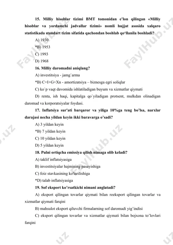 shsizlar soni/jami aholi soni)*100 % c) (ishchi kuchi soni/jami aholi soni)*100 % d) (mehnatga layoqatsiz aholi/mehnatga layoqatli aholi)*100 % 26. ish qidirib yurgan odam kim deb xisoblanadi? a) ishchi kuchi tarkibiga kiritilmaydi b) ish bilan band *c) ishsiz d) to`liq ish bilan band emas 27. inflyatsiyani vujudga keltirmaydigan sababni aniqlang. *a) ishlab chiqarish va tovar aylanishi xajmining ortishi b) qo’shimcha yalpi talab c) ishlab chiqarish xarajatlarini ortishi d) nominal ish haqi va xom -ashyo materiallarini bahosini o’sishi 28. iste’molga bo’lgan me’yoriy moyillik qanday aniqlanadi? a) jami iste’molni jami daromadga iste’moli *b) iste’mol xarajatini o’sishini ixtiyordagi daromad o’sish birligiga nisbati c) daromad o’zgarishi oqibatida iste’mol xarajatini o’zgarishi d) ehtiyojlarning pul bilan qoplangan qismi 29. qachon pul taklifi ko’payadi? *a) markaziy bank depozitlarni majburiy zahiralash mе'yorini pasaytirsa b) davlat tomonidan tovarlar va xizmatlar sotib olish hajmi oshirilsa c) aholi xususiy kompaniyalar aksiyalarini sotib olsa d) markaziy bank qayta moliyalash stavkasini oshirsa 30. …