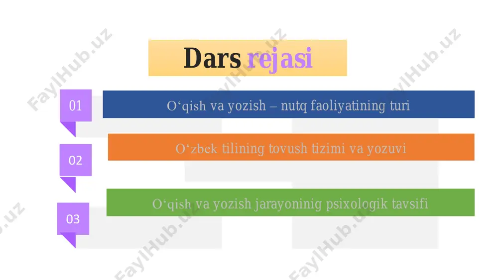 lan, sira kabi so‘zlarda talaffuz etilmasa ham yozuvda doim o saqlanadi. o‘zbek tilida 24 ta undosh tovush bor. yozuvda ular 23 ta harf bilan ifodalanadi: shulardan 3 tasi harf birikmasi, 21 tasi yakka harf bilan belgilanadi. ular quyidagilar: b, d, f, g, h, j (jurnal), j (jo ‘ja ), k, 1, m, n, p, q, r, s, t, v, x, y, z, g‘, sh, ch, ng. savod o‘rgatishda tovush-harf bilan tanishtirish unlilardan boshlanadi. hozirgi o‘zbek tilida 6 ta unli fonema mavjud: a, o, i, e, u, o‘. e harfi so‘z va bo‘g‘in boshida qo‘llanadi (ekin, echki, aeroplan), undoshdan keyin o‘rta keng lablanmagan unli tarzida o‘qiladi (kel, tez). savod o‘rgatishda oldin so‘z boshida keladigan e, so‘ngra undoshdan keyin keladigan e tovush-harfi bilan tanishtiriladi. 0 harfi o‘zbekcha, umumturkiy so‘zlarda quyi keng, lablangan о tovushini ifodalaydi, ruscha-baynalmilal so‘zlarda urg‘usiz bo‘g‘inda a tarzida (botanika), o‘ tovushi kabi (tonna), qisqa i tarzida (traktor) talaffuz qilinadi. …