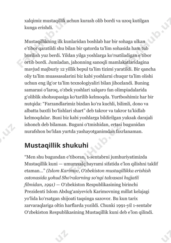 aqillik kuni — umumxalq bayrami sifatida e’lon qilishni taklif etaman…” (islom karimov, o‘zbekiston mustaqillikka erishish ostonasida yohud sho‘ralarning so‘ngi talvasasi hujjatli filmidan, 1991) — o‘zbekiston respublikasining birinchi prezidenti islom abdug‘aniyevich karimovning millat kelajagi yo‘lida ko‘rsatgan shijoati taqsinga sazovor. bu kun tarix zarvaraqlariga oltin harflarda yozildi. chunki 1991-yil 1-sentabr o‘zbekiston respublikasining mustaqillik kuni deb e’lon qilindi. binobarin, o‘zbek xalqi mustabid zanjirlaridan ozod etilgan edi. bundan soddadil xalqimizning ko‘ksi tog‘dek ko‘tarildi. mustabid tuzum davrida xizmat ko‘rsatgan ko‘plab korxona va tashkilotlar sobiq sho‘ro hukumatiga qarashli bo‘lib, mustaqillik e’lon qilingach, bu korxonalar birin-ketin ko‘ch-ko‘ronlarini yig‘ishtirib ortlariga qaytib ketishgan edi. natijada asosiy tirikchiligi dehqonchilik bo‘lgan xalqimiz, bunday texnikalarni ishlab chiqarishga qodir emas va o‘z o‘rnida bu korxona ishlarini yuritishdan bexabar edilar. mustaqillikning dastlabki yillarida o‘zbekistonning oldida bir qancha kechiktirib bo‘lmaydigan ustuvor vazifalar bor ediki, bularsiz xalq ongini shaklantirish mushkul vazifaga aylandi. avvalo, xalqimizni ongini uyg‘otish, mustabid tuzumdan batamon sug‘urib olish, ularni qalbiga yo‘l topa olish …