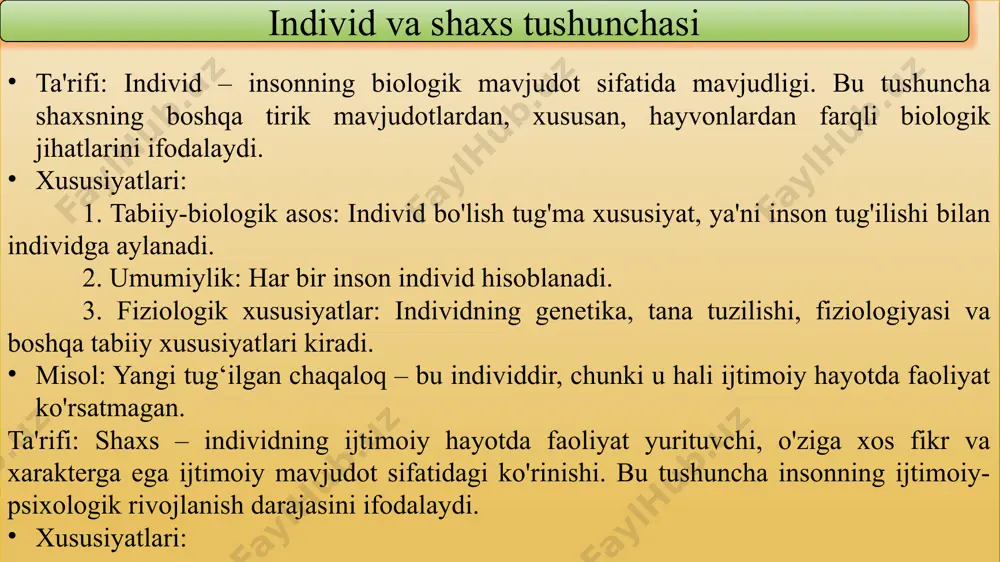 a’zolari bilan bo‘lishiladi. shaxsning ijtimoiylashuvi davom etadi, ammo faolligi kamayadi. ijtimoiylashuvga ta’sir qiluvchi asosiy institutlar. 1. oila bola uchun birinchi va asosiy ijtimoiylashuv muhitidir. oila bolaga jamiyat qoidalari va qadriyatlarini tushuntiradi. 2. maktab maktab ta’lim-tarbiya orqali shaxsni rivojlantiradi. o‘quvchi jamoada o‘z rolini aniqlaydi va ijtimoiylashuv jarayoniga kiradi. 3. tengdoshlar guruhi. tengdoshlar bilan muloqot shaxsning mustaqillik va o‘ziga bo‘lgan ishonchini oshiradi. 4. jamiyat va madaniyat. milliy qadriyatlar, urf-odatlar va an’analar shaxsning rivojlanishida muhim o‘rin tutadi. shaxs rivojlanishiga ijtimoiylashuvning ahamiyati. ijtimoiy me’yorlarni shakllantirish: ijtimoiylashuv shaxsga jamiyatda qabul qilingan me’yor va qoidalarga amal qilishni o‘rgatadi. rivojlanish va o‘z-o‘zini anglash: shaxsning ijtimoiylashuvi rivojlanishga, ijodiy va intellektual imkoniyatlarning ochilishiga xizmat qiladi. shaxsning ijtimoiy mavqei: ijtimoiylashuv orqali shaxs jamiyatda o‘z o‘rnini topadi va faol ishtirokchi bo‘ladi. shaxs rivojlanishi insonning jismoniy, psixologik va ijtimoiy jihatdan shakllanish jarayonidir. bu jarayon uch asosiy omil – irsiyat, muhit va tarbiyaning o‘zaro ta’siri orqali amalga oshadi. ushbu omillar shaxsning imkoniyatlari va …