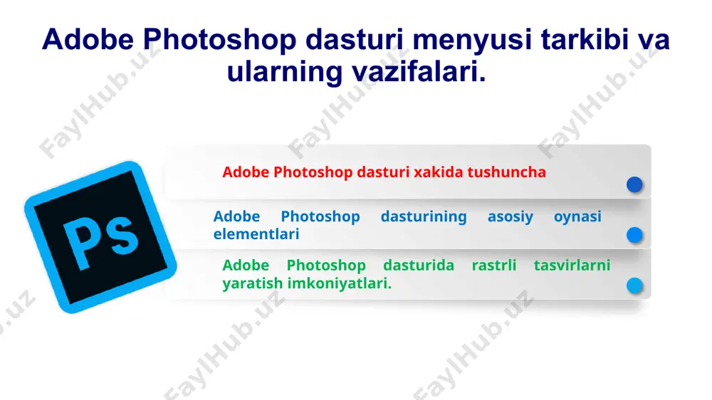 belgilanadi. adobe photoshop dasturida ishlash asoslari. tasvirning bosma shakldagi o‘lchami (размер печати) adobe photoshop dasturi tasvirning printerda chop qilingandagi korinishini chop qilmasdan awal ekranda ko‘rish imkonini beradi. buning uchun menyular satrida изображение menyusi tarkibidagi размер изображения buyrug‘ini tanlanadi. ammo tasvirning ekrandagi ko‘rinishi bilan chop etilgandagi o‘lchamlari hamma vaqt ham aynan mos tushavermaydi. tasvir kattaliklari 0,2% dan 16 000%gacha miqdor o‘rtasidagi sonlar bilan belgilanadi. navigator darchasi bilan ishlash adobe photoshop dasturida ishlash asoslari. tasvir formatlari - adobe photoshop dasturi 20 dan ortiq formatdagi fayllar bilan ishlash imkoniga ega. eng ko‘p qo‘llaniladigan formatlar: adobe photoshop dasturini o‘rgatuvchi videodarslarni camtasia studio dasturida yaratish texnologiyasi adobe photoshop dasturini o‘rgatuvchi videodarslarni camtasiastudio dasturida yaratish texnologiyasi uning interfeysining soddaligi, ishlash jarayoni ommaviyligi, dasturning kerakli qismlarga ajratilganligi hamda video darslarni tasvirga olingandan so‘ng qayta tahrir qilish hususiyatlari mavjudligi sabab biz camtasistudi dasturini tanladik. camtasiastudio dasturining 2020 yilgi versiyasidan foydalanamiz o‘rgatuvchi video darslarni tayyorlashni boshlashdan avval eng maq’ul …