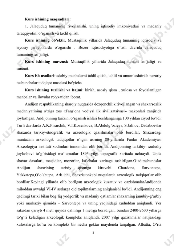 g eng qadimgi tarixi bilan bogʼliq yodgorlik va madaniy qatlamlar shaxarning janubiy-gʼarbiy yoki markaziy qismida – sarvontepa va uning yaqinidagi xududdan aniqlandi. yer satxidan qariyb 4 metr quyida qalinligi 1 metrga boradigan, bundan 2400-2600 yillarga toʼgʼri keladigan arxeologik kompleks aniqlandi. 2007 yilgi qazishmalar natijasidagi xulosalarga koʼra bu kompleks bir necha gektar maydonda tarqalgan. аlbatta, oʼrta osiyo sharoitida dexqonchilik bilan mashgʼul boʼlgan axoli suv yaqinida oʼrnashgan, xayot kechirgan, katta va kichik makonlar bunyod etgan. аndijon xam bundan mustasno emas. аkademik а.r.muxammadjonovning fikriga koʼra, «аndijon» atamasining kelib chiqishi suv – obi-xayot bilan bogʼlangan. yaʼni, аndijon toponimi kelib chiqishi jixatidan turk-moʼgʼul atamasi boʼlib, «soy (suv) boʼyidagi (yoqasidagi) makon» maʼnosini beradi. bu atamaning kelib chiqishi xam bejiz emas. bu qaysidir maʼnoda аndijonning qadimgi asosini soy(daryo) yaqinida joylashganiga dalil boʼladi. xiii asrning birinchi choragida аndijon fargʼona viloyatining poytaxti boʼlgan. bobur mirzoning yozishicha, movarounnaxrda аndijon arki oʼz kattaligi jixatidan samarqand va keshdan keyingisi xisoblanardi. shu davrda …