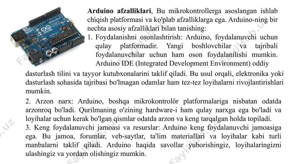 oalari tomonidan qo'llaniladi. bu, bir nechta proyektlarni yaratish, o'rganish va ulashish uchun moslashtirilgan jamoalar va manbalar mavjud. arduino jamoalarining onlayn forumlarida, youtube kanallarida va qo'llanmalarida keng tarqalgan malumotlar va yordam topish mumkin. arduino-ni foydalanishda uchraydigan kamchiliklar quyidagilardan iborat bo'lishi mumkin: qisqa xotiralar: arduino mikrokontrolleri o'rtacha xotiraga ega bo'lishi bilan ajralib turadi. bu, qisqa xotiralar tufayli kuchli va katta o'lchamdagi ma'lumotlarni saqlash imkoniyatini cheklash mumkin. bu ma'qul hisoblanadigan ma'lumotlar, qisqa xotiralar orqali o'zgartirilishi va saqlanishi kuchayishi mumkin. cheklovlar: arduino mikrokontrollerlari, muhim cheklovlar bilan cheklanishi mumkin. misol uchun, arduino uno mikrokontrollerida dijital pinlar ustida ishlatilishi mumkin bo'lgan cheklovlar soni cheklanishi. bu cheklovlar, har bir mikrokontroller uchun maxsus, shuningdek elektrik ta'minotiga ega bo'lishi kerak. kuch cheklovlari: arduino mikrokontrollerlari, cheklovli ishlab chiqarish kuchiga ega emas. bu, mikrokontrolleringizga ulanish uchun kerakli kuchni o'z ichiga olgan qurilmalarni ishlatishingizni talab qiladi. agar sizning loyihangiz katta ma'lumotlar, yuqori kucharduino-ni foydalanishda uchraydigan kamchiliklar quyidagilardan iborat bo'lishi mumkin: 4. xotira …