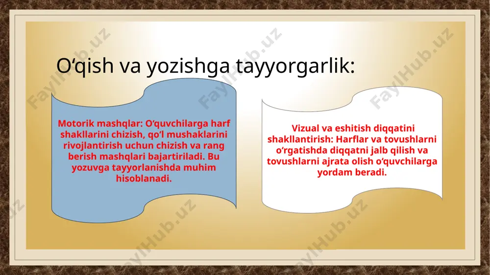 hing murakkabligini hisobga olib 3 bosqichga ajratish mumkin: 1-bosqichda o-na, a-na, il, in, bi-lan, tuzilishidagi so’zlar; 2-bosqichda artikulyatsiyasi qiyin bo’lgan r, k, v, f kabi undoshlar va yo’l-bars, do’st, rasm kabi tuzilishidagi so’zlar; 3-bosqichda 2-bosqichda harf birikmalari pd, s, z, 2 tovushni ifodalaydigan, tutuq belgisi va jurnal, jirafa, tong, so’ng, bodring, choynak, shudring kabi so’zlar o’qishga o’rgatiladi. alifbe davrining oxirida o’quvchilar quyidagi bilim va ko’nikmalarga ega bo’lishlari zarur: hamma tovushlarni tanishi va har qanday xolatda to’g’ri talaffuz qilishi; so’zni bo’g’in tovush, tovush-harf tahlilini bilishi, so’zdagi tovushlarning izchil tartibini aniqlay olishi, kerakli tovushni so’z va bo’g’inga ajrata olishi; kesma harf va bo’g’inlardan so’z tuza olishi va o’qishi;  2-3-4 bo’g’inli so’zlarni butinlab o’qishi, adabiy-orfoepik talaffuz bilan oʻqishi;  gaplarni ohangiga rioya qilib o’qishi; o’qigan matnning mazmunini tushunib, ongli o’qishi;  o’qigan matn mazmunini savollar asosida soddagina qilib qayta hikoyalab berishi;  o’qigan matnga sarlavxa topishi;  to’gri, tez, ongli va ifodali …