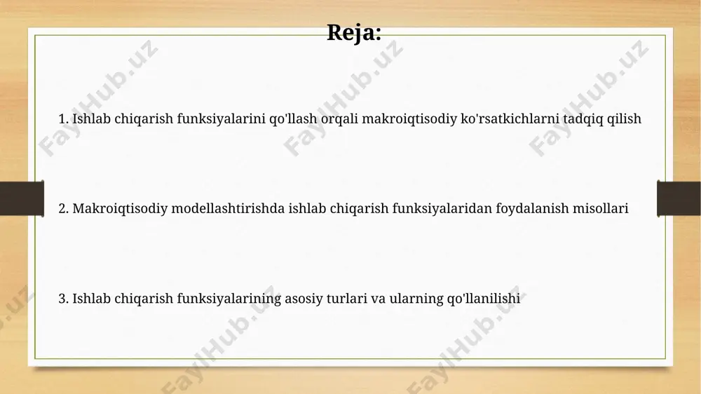 ichlarini qoʻllaydi. ushbu funksiya yordamida umumiy iqtisodiy oʻsishning kapital va mehnatga boʻlgan hissasini taxminan 70% va 30% deb aniqlash mumkin. ishlab chiqarish funksiyasidan foydalanib yaimni bashorat qilish ishlab chiqarish funksiyasi, masalan, cobb-douglas funksiyasi yordamida yaimni 2% xatolik chegarasi bilan bashorat qilish mumkin, bu esa o'rtacha 95% ishonch darajasini ta'minlaydi. soatlik ish haqi va kapital rentabelligi kabi omillarni hisobga olgan holda tuzilgan ishlab chiqarish funksiyasi, yaimni 1-2 yillik bashoratda 5% dan kamroq xatolik bilan aniqlash imkonini beradi. kelajakdagi tadqiqotlar yo'nalishlari nosimmetrik ma'lumotlarni qayta ishlash usullarini qo'llagan holda, ishlab chiqarish funksiyalari modellarining aniqligi va prognozlash imkoniyatlarini 20% ga oshirishga qaratilgan tadqiqotlar dolzarbdir. kelajakdagi tadqiqotlarda 5 yillik davr uchun yo'naltirilgan texnologik taraqqiyotni hisobga olgan holda cobb-douglas funksiyasining parametrlarini o'zgaruvchanlik darajasini tahlil qilish maqsadga muvofiq. tadqiqot natijalari va xulosalar regression tahlili natijalari, ishlab chiqarish funktsiyasi parametrlarining 0.05 darajasidagi ishonchlilik darajasi bilan statistik jihatdan ahamiyatli ekanini ko'rsatdi. ko'p faktorli ishlab chiqarish funktsiyasini qo'llash orqali, texnologik …