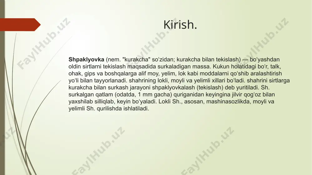 qorishmalari, gipsning asosiy tarkibi bo'lib, qurilishda silliqlash, tekislash va yuzalarni yopish ishlari uchun ishlatiladi. bu materiallar gipsni boshqa komponentlar bilan aralashtirish orqali yaxshilanadi, bu esa materialning ishlash xususiyatlarini (tez qurish, mustahkamlik, silliqlash osonligi) oshiradi. 2. tarkibi gips asosidagi shpaklyovka qorishmalari odatda quyidagi komponentlardan iborat: gips (asosiy bog'lovchi modda) mineral qo'shimchalar (qum, marmar kukuni, dolomit) organik qo'shimchalar (plastifikatorlar, reologik modifikatorlar) suv (aralashtirish uchun) 3. afzalliklari tez qurish: gipsning qattiqlashish jarayoni juda tez amalga oshadi. ishlash osonligi: shpaklyovka materialini silliqlash va tekislash oson. ekologik xavfsizlik: gips tabiiy material bo'lib, atrof-muhitga zararli emas. yuqori yopishqoq xususiyatlar: yuzalarda yaxshi yopishishni ta'minlaydi. samaradorlik: yuzalarni mukammal darajada tekislash uchun ideal. 4. kamchiliklari namlikka sezgirlik: gips asosidagi shpaklyovkalar yuqori namlik sharoitlarida ishlatish uchun mos emas. bunday sharoitlarda gips tezda buzilishi mumkin. mexanik ta'sirlarga nisbatan zaiflik: agar to'g'ri silliqlanmasa, materialning mustahkamligi pasayishi mumkin. 5. turi va qo'llanilishi ichki ishlov berish: gips asosidagi shpaklyovkalar asosan ichki yuzalarni tekislash uchun …