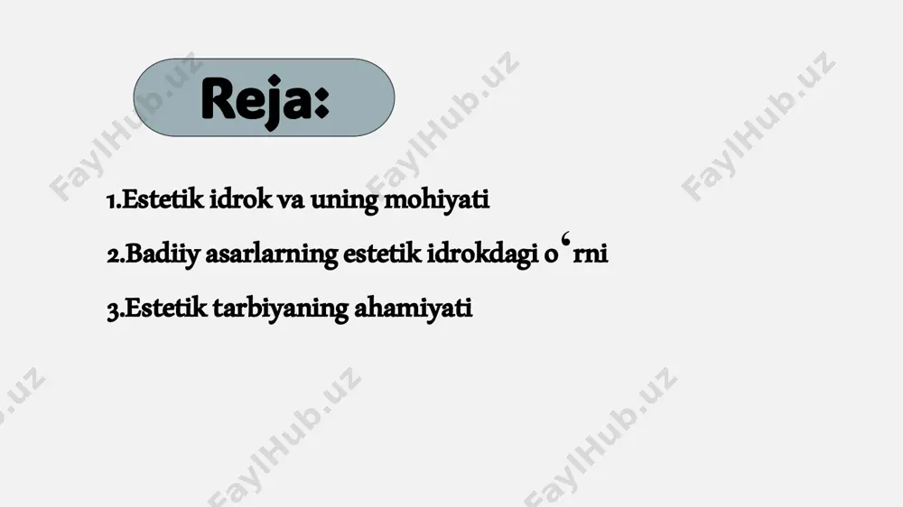 gi go‘zallikni his qilish qobiliyatini oshirish jarayonidir. estetik tarbiyaning jamiyatga taʼsiri estetik tarbiya nafaqat individual rivojlanishga, balki jamiyatning madaniy va ma’naviy kamol topishiga ham katta ta’sir ko‘rsatadi. insonlar estetik qadriyatlarni anglagan sari, jamiyatda ham madaniyat, axloq va ijodiy taraqqiyot o‘sib boradi. shu sababli, ta’lim tizimida va ijtimoiy hayotda estetik tarbiyaga katta e’tibor qaratish lozim. e’tiboringiz uchun raxmat! slide 1: dunyoni estetik idrok etishda badiiy asarlarning ahamiyati slide 2 slide 3 slide 4: estetik idrokning shakllari slide 5 slide 6: badiiy asarlarning estetik idrokdagi o‘rni slide 7 slide 8 slide 9: estetik tarbiyaning ahamiyati slide 10: estetik tarbiyaning jamiyatga taʼsiri slide 11: e’tiboringiz uchun raxmat!