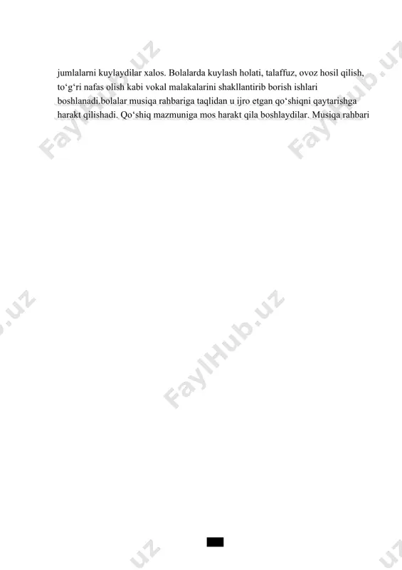 va mustaqil faoliyatlari davomida guruh xonalaridagi musiqa burchaklarida tashkil etish. 4 yoshli bolaning egallash lozim bo’lgan bilim ko’nikma va malakalar : a) turli hil mazmun va kayfiyatdagi musiqani tinglash, eslab qolish; b) tinglangan kuylarni tanib olish va ularning bastakori nomini bilish. c) kuy, qo’shiq va raqs haqida tushunchaga ega bo’lish. d) karnay, surnay, nay, nog’ora, doira kabi xalq cholg’u asboblarini tanish va ovozidan farqlash. e) qo’ng’iroqcha, shiqildoqlar, doiracha, buben, metallofon, sunaycha, bolg’acha, uchburchak kabi bolalar cholg’ularida chalish usullarini bilish; f) birgalikda kuylay olish; j) qo’shiq kuylash bilan bir vaqtda harakatlar bajara olish. i) harakatli o’yinlarda faol ishtirok etish. g) turli predmetlar bilan harakatlar bajarishni uddalash o`rta guruhda musiqa mashg`ulotlarini tashkil etish. o‘rta guruh(4 yosh) bolalariga qo‘shiq o‘rgatish texnologiyasi.o‘rta guruh bolalarining atrofdagi hodisalarga qiziqishi ancha ortadi, ular musiqa rahbariga turli savollar bera boshlaydilar. bu yoshda nutq rivojlanishida jiddiy o‘zgarishlar yuz beradi: bolalarning so‘z boyligi ortadi, ular tevarak-atrof haqida fikr yurita oladigan …