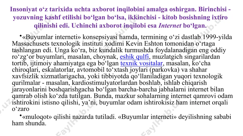 on aralashuvisiz ulangan jismoniy ob'ektlar (narsalar) tizimi. industrial internet of things (iiot) - korporativ / sanoat ilovalari uchun narsalar interneti - masofadan boshqarish va ma'lumotlarni yig'ish va almashish uchun o'rnatilgan sensorlar va dasturiy ta'minotga ega o'zaro bog'langan kompyuter tarmoqlari va ulangan sanoat (ishlab chiqarish) ob'ektlari tizimi. inson aralashuvisiz avtomatlashtirilgan rejimda boshqarish. sanoat buyumlari interneti - bu sanoat ob'ektining tugunlari va agregatlariga o'rnatilgan sensorlar va kontrollerlar, to'plangan ma'lumotlarni uzatish va ularni vizualizatsiya qilish vositalari, olingan ma'lumotlarni sharhlash uchun kuchli tahliliy vositalar va boshqa ko'plab komponentlarni o'z ichiga olgan ko'p darajali tizim. buyumlar interneti (inglizcha: internet of things, iot) – bu bir-biri bilan yoki tashqi muhit bilan oʻzaro taʼsir qilish uchun oʻrnatilgan vositalar va texnologiyalar bilan jihozlangan jismoniy obyektlar (“narsalar”) oʻrtasida maʼlumotlarni uzatish tarmogʻi tushunchasi. taxminlarga koʻra, bunday tarmoqlarni tashkil etish iqtisodiy va ijtimoiy jarayonlarni qayta qurish, baʼzi harakatlar va operatsiyalarda inson ishtirokiga boʻlgan ehtiyojni yoʻq qilishga qodir. buyumlar internet (iot) texnologiyasi …