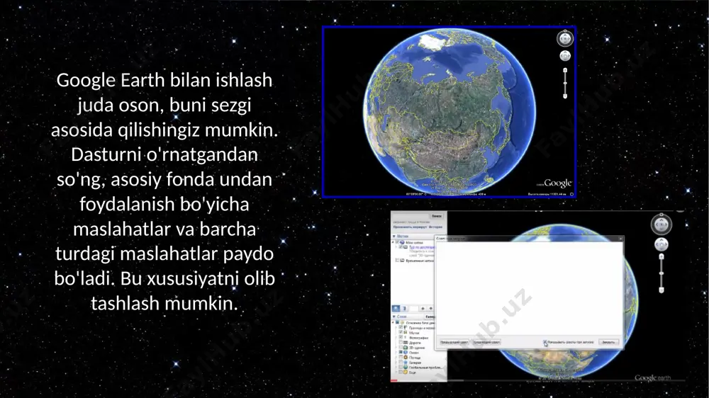 isqacha tavsifi. ayni paytda explorer interfeysi ingliz tilida, lekin men tez orada yuqori sifatli rus tilidagi hamkasbini olishimizga shubha qilmayman. "men omadliman" ushbu parametr sizga xizmat tomonidan tasodifiy tanlangan, belgilangan joyning 3d ko'rinishini avtomatik ravishda ochish va uning tavsifi bilan sayyoramizning rang-barang nuqtasiga borishni taklif qiladi. ko'pgina joylar google tomonidan juda yuqori darajada chizilgan, bu sizga tanlangan joylarning maftunkor go'zalliklaridan to'liq bahramand bo'lish imkonini beradi. heidelberg qal'asi, heidelberg, germaniya waterton lakes milliy bog'i, kanada xulosa google earth xizmati sizga onlayn va real vaqt rejimida ulkan sayyoramizning ko'plab joylariga qiziqarli sayohat qilish imkonini beradi. endi kompyuteringizga hech qanday tashqi dasturni o'rnatishga hojat yo'q. qiziqarli sayohat qilish uchun sizning xohishingiz, chrome brauzeri va yaxshi internet etarli bo'ladi. google earth xizmatini ishga tushiring va o'zingizni qandaydir yorqin va unutilmas joyga unutilmas sayohatga torting. axir, bunga arziydi. image2.jpeg image3.png image4.png image5.png image6.png image7.png image8.png image9.png image10.png image11.png image12.png image13.png image14.png image15.png image16.png image17.png image18.png …