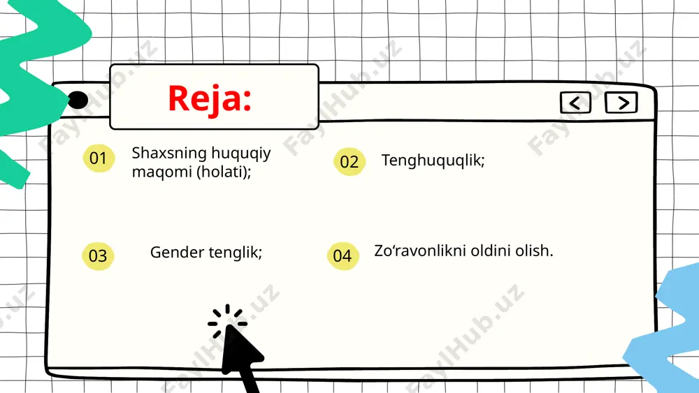 ri o‘zbekiston respublikasining “xotin-qizlar va erkaklar uchun teng huquq hamda imkoniyatlar kafolatlari to‘g‘risida”gi qonuni bilan “gender tenglik”ka doir barcha masalalar tartibga solingan. zo‘ravonlikni oldini olish profilaktika suhbatini o‘tkazish; himoya orderini berish; tazyiq va zo‘ravonlikdan jabrlanuvchilarga yordam ko‘rsatish bo‘yicha maxsus markazlarga joylashtirish; zo‘ravonlik xulq-atvorini o‘zgartirish bo‘yicha tuzatish dasturlaridan o‘tish o‘zbekiston respublikasining “xotin-qizlarni tazyiq va zo‘ravonlikdan himoya qilish to‘g‘risida”gi qonuni bilan xotin-qizlarni tazyiq va zo‘ravonlikning barcha shakllaridan himoya qilish sohasidagi munosabatlar tartibga solingan. e’tiboringiz uchun rahmat! image1.png image10.svg image7.png image12.svg image2.png image3.png image4.svg image4.png image6.svg image5.png image8.svg image6.png image11.png image20.svg image8.png image14.svg image9.png image16.svg image10.png image18.svg image12.png image22.svg image13.png image24.svg image14.png image26.svg image15.png image28.svg image19.png image36.svg image16.png image30.svg image17.png image32.svg image18.png image34.svg image20.png image38.svg image21.png image40.svg image23.png image44.svg image24.png image46.svg image25.png image48.svg image22.png image42.svg image26.png image50.svg /docprops/thumbnail.jpeg