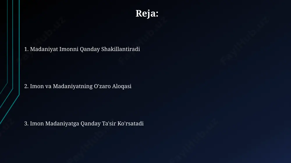 iniy amallar va madaniy an'analar uyg'unligi mintaqaviy o'ziga xoslikni aks ettiradi. milliy madaniyat va diniy qarashlar 15-asrda samarqandda yashab ijod qilgan allomalar, xususan, navoiyning asarlarida milliy madaniyat va islom diniy qarashlarining uyg'unligi yaqqol namoyon bo'ladi, bu 20 dan ortiq qo'lyozma asarlarida tasvirlangan. o'zbekistonning turli hududlarida, masalan, buxoro va xivada, diniy bayramlar milliy urf-odatlar bilan chambarchas bog'liq bo'lib, 300 dan ortiq yillik an'analarni o'zida aks ettiradi. imon va adabiyot imonda 15-asrda buxoro madrasalarida o'qitilgan fiqh ilmi, adabiyotda esa navoiy asarlaridagi tasavvuf motiflari orqali o'z aksini topgan. amir temur davrida (14-asr) qurilgan masjidlar va madrasalar imonga, hozirgi kunda esa 100 dan ortiq kitobxonada saqlanayotgan adabiy meros milliy madaniyatga xizmat qilgan. kelajakda imon va madaniyat kelajakda o'zbekistonning 2030 yilga kelib 15 million aholisi diniy ta'lim muassasalarida tahsil oladigan bo'lishi taxmin qilinmoqda, bu madaniy xilma-xillikni mustahkamlashga yordam beradi. markaziy osiyo davlatlarida, jumladan, qozog'iston va qirg'izistonda diniy bag'rikenglikni mustahkamlash uchun 30 dan ortiq xalqaro loyihalar …